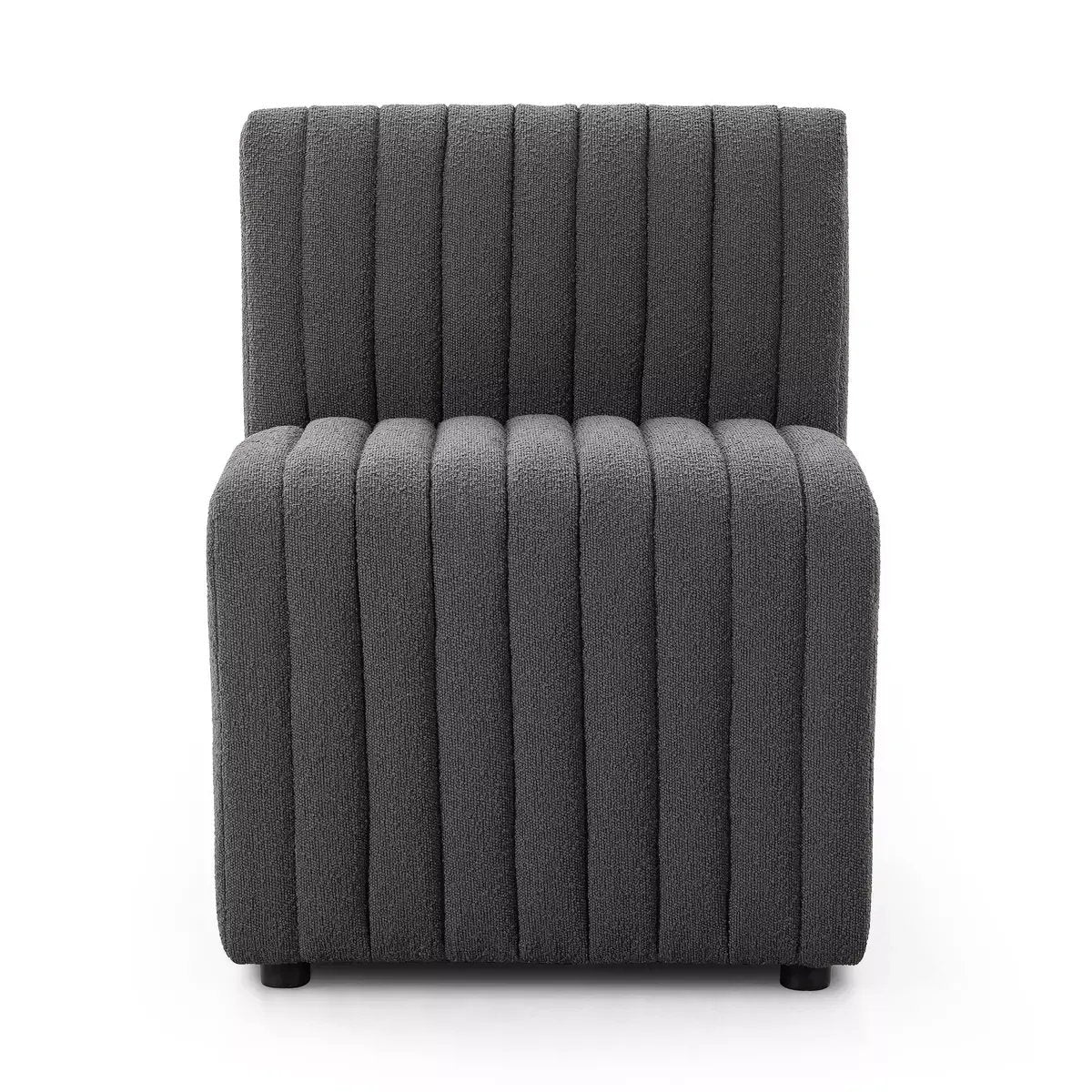 Featuring Augustine Dining Bench Pieces in Fiqa Boucle Charcoal by Four Hands at Amethyst Home. We love the dramatic channeling, for trend-forward texture and sumptuous sit with this Augustine Dining Bench Pieces. Comfy and perfect for gathering the whole family. 
Choose your pieces:Chair: 25"W x 28"L x 31.50"HCorner Chair: 28"W x 28"L x 31.50"HChair + Half: 3. Amethyst Home provides interior design, new home construction design consulting, vintage area rugs, and lighting in the Boston metro area.