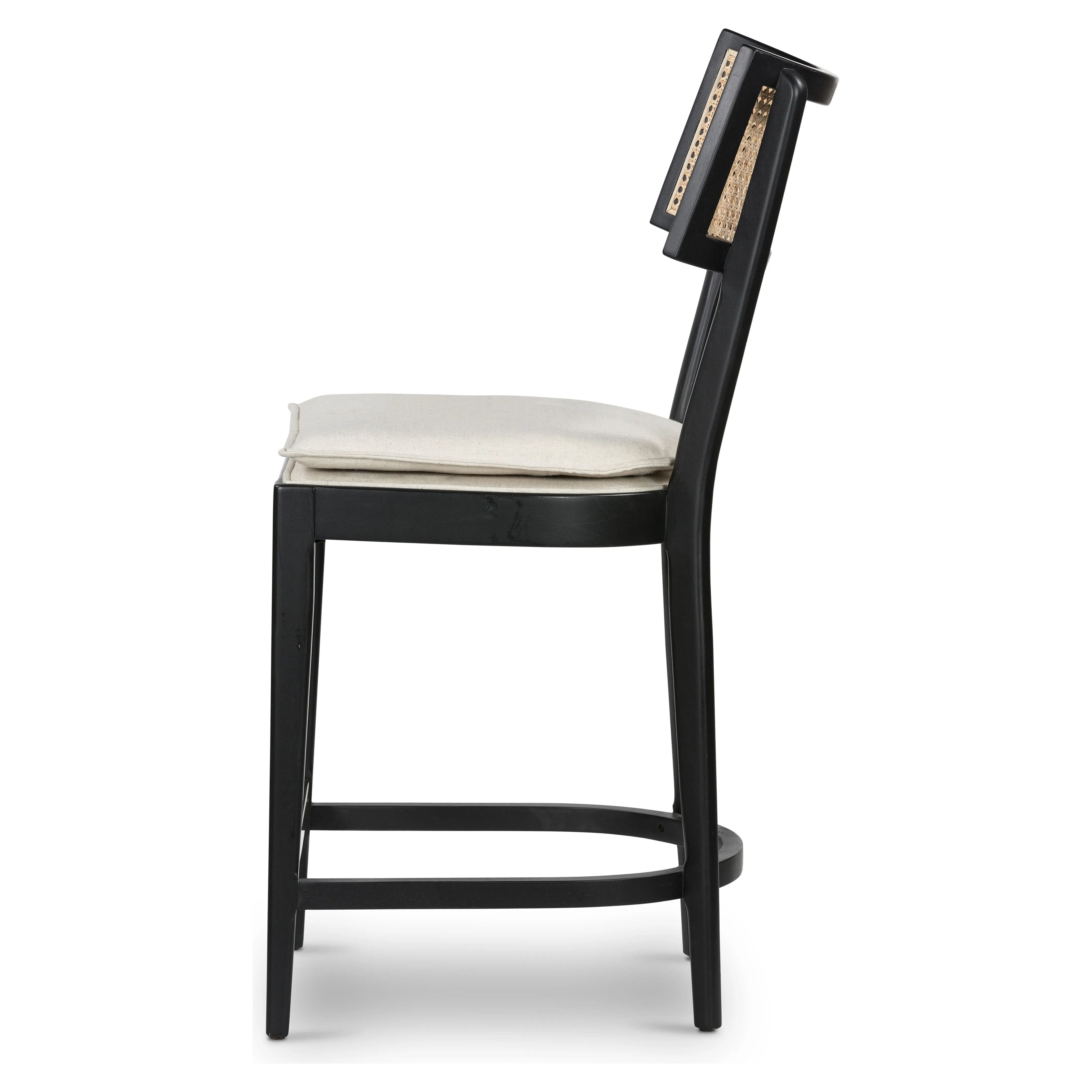 Featuring Britt Brushed Ebony with Savile Flax Stool by Four Hands at Amethyst Home. Mixed materials refresh retro styling. Brushed ebony nettlewood frames a textural inlay of natural cane for beautifully crisp contrast. Fastened by Velcro, light, linen-blend seating of high-performance fabric brings modern sensibility to the counter. Performance fabrics are. Amethyst Home provides interior design, new home construction design consulting, vintage area rugs, and lighting in the Portland metro area.