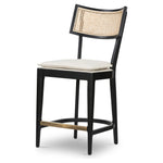 Featuring Britt Brushed Ebony with Savile Flax Stool by Four Hands at Amethyst Home. Mixed materials refresh retro styling. Brushed ebony nettlewood frames a textural inlay of natural cane for beautifully crisp contrast. Fastened by Velcro, light, linen-blend seating of high-performance fabric brings modern sensibility to the counter. Performance fabrics a. Amethyst Home provides interior design, new home construction design consulting, vintage area rugs, and lighting in the Washington metro area.