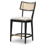 Featuring Britt Brushed Ebony with Savile Flax Stool by Four Hands at Amethyst Home. Mixed materials refresh retro styling. Brushed ebony nettlewood frames a textural inlay of natural cane for beautifully crisp contrast. Fastened by Velcro, light, linen-blend seating of high-performance fabric brings modern sensibility to the counter. Performance fabrics a. Amethyst Home provides interior design, new home construction design consulting, vintage area rugs, and lighting in the Washington metro area.