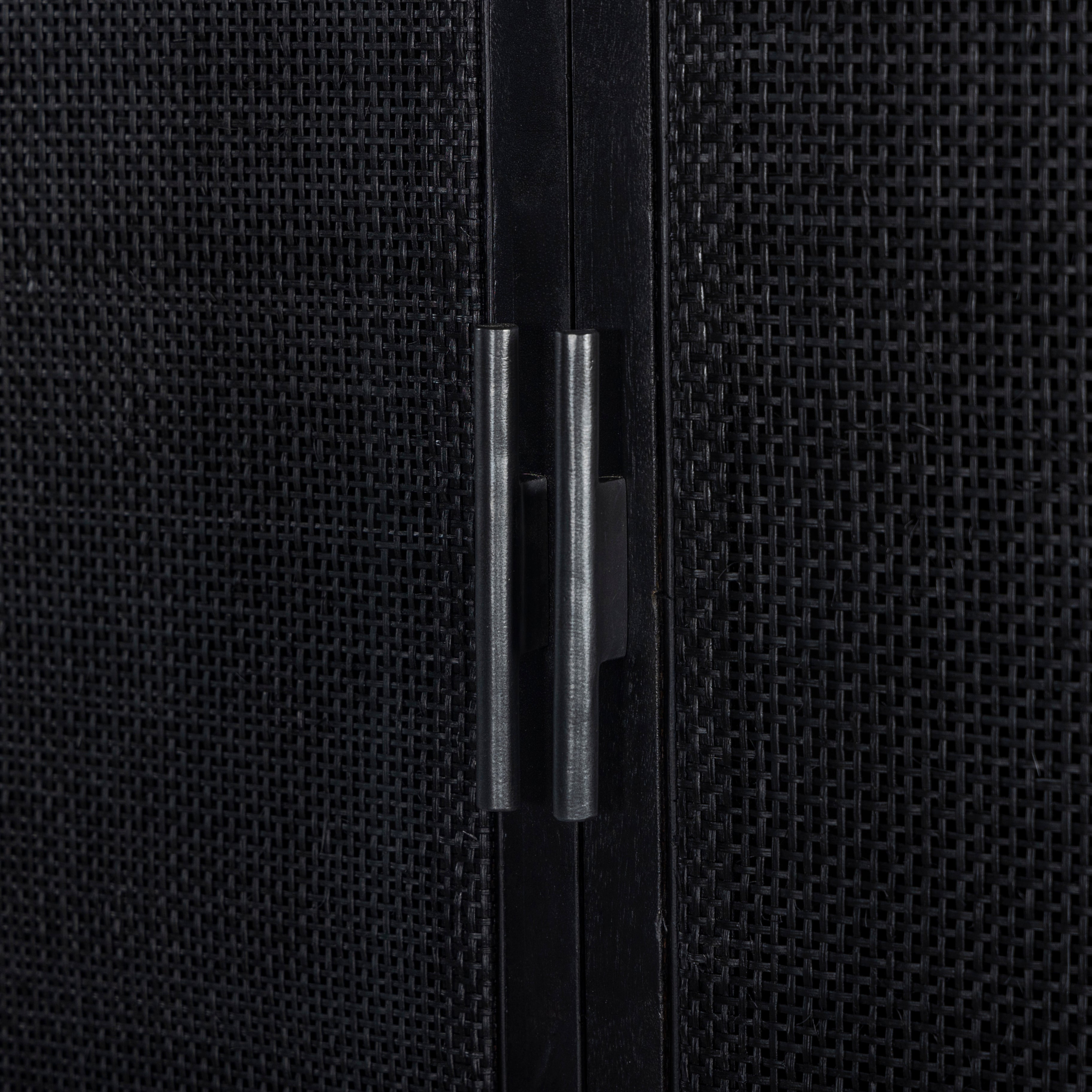 Featuring Caprice Black Wash Mango Cabinet by Four Hands at Amethyst Home. Double trouble in a large format cabinet.  Black woven rattan doors provide camouflaged storage.Overall Dimensions: 59"W x 17"L x 69"H
Collection: LeightonColors: Gunmetal ,Black Natural Cane ,Black Wash MangoMaterials: Iron ,Cane ,Solid Mango Weight: 154.54 lbs. Amethyst Home provides interior design, new construction, custom furniture, and area rugs in the Miami metro area.