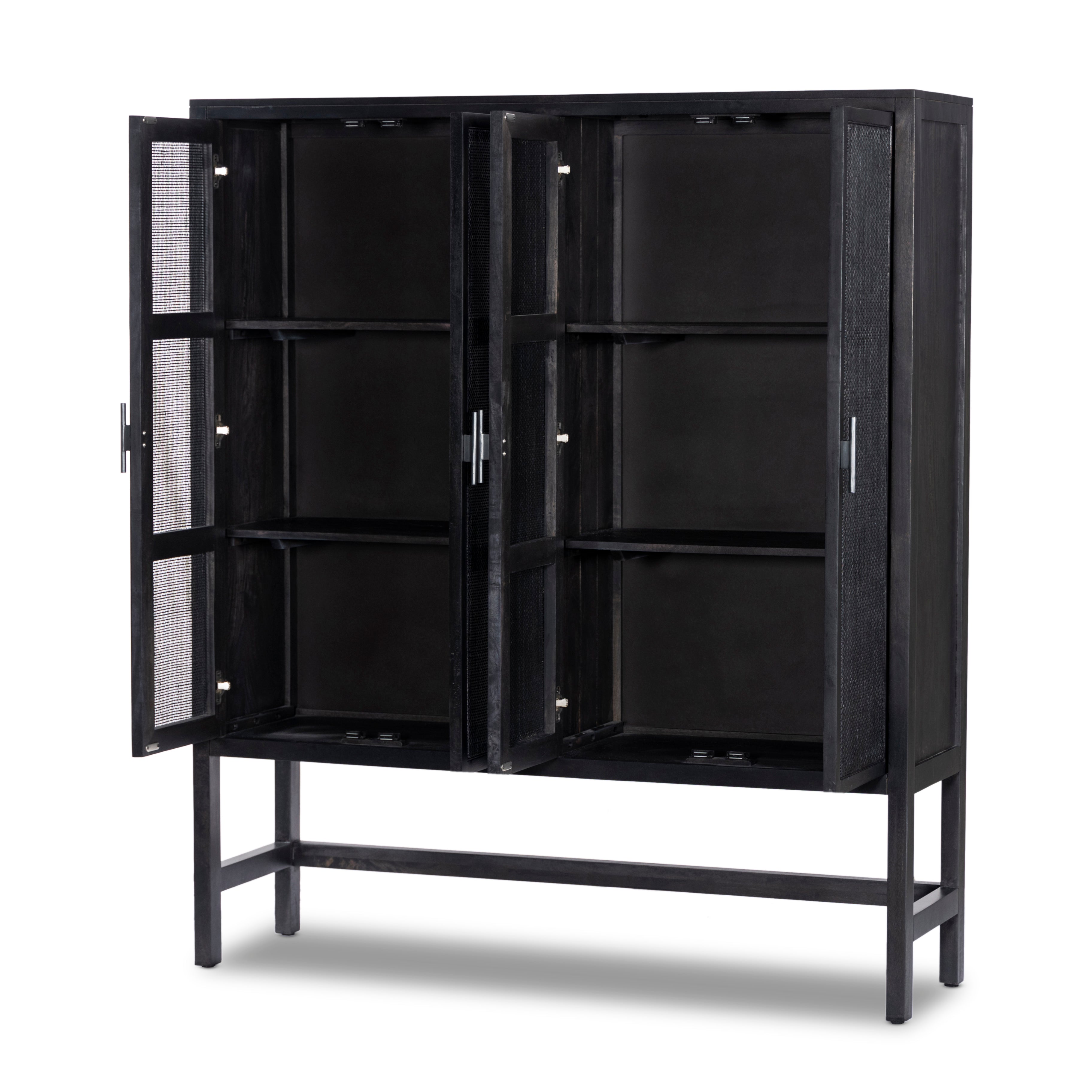 Featuring Caprice Black Wash Mango Cabinet by Four Hands at Amethyst Home. Double trouble in a large format cabinet.  Black woven rattan doors provide camouflaged storage.Overall Dimensions: 59"W x 17"L x 69"H
Collection: LeightonColors: Gunmetal ,Black Natural Cane ,Black Wash MangoMaterials: Iron ,Cane ,Solid Mango Weight: 154.54 lbs. Amethyst Home provides interior design, new construction, custom furniture, and area rugs in the San Diego metro area.