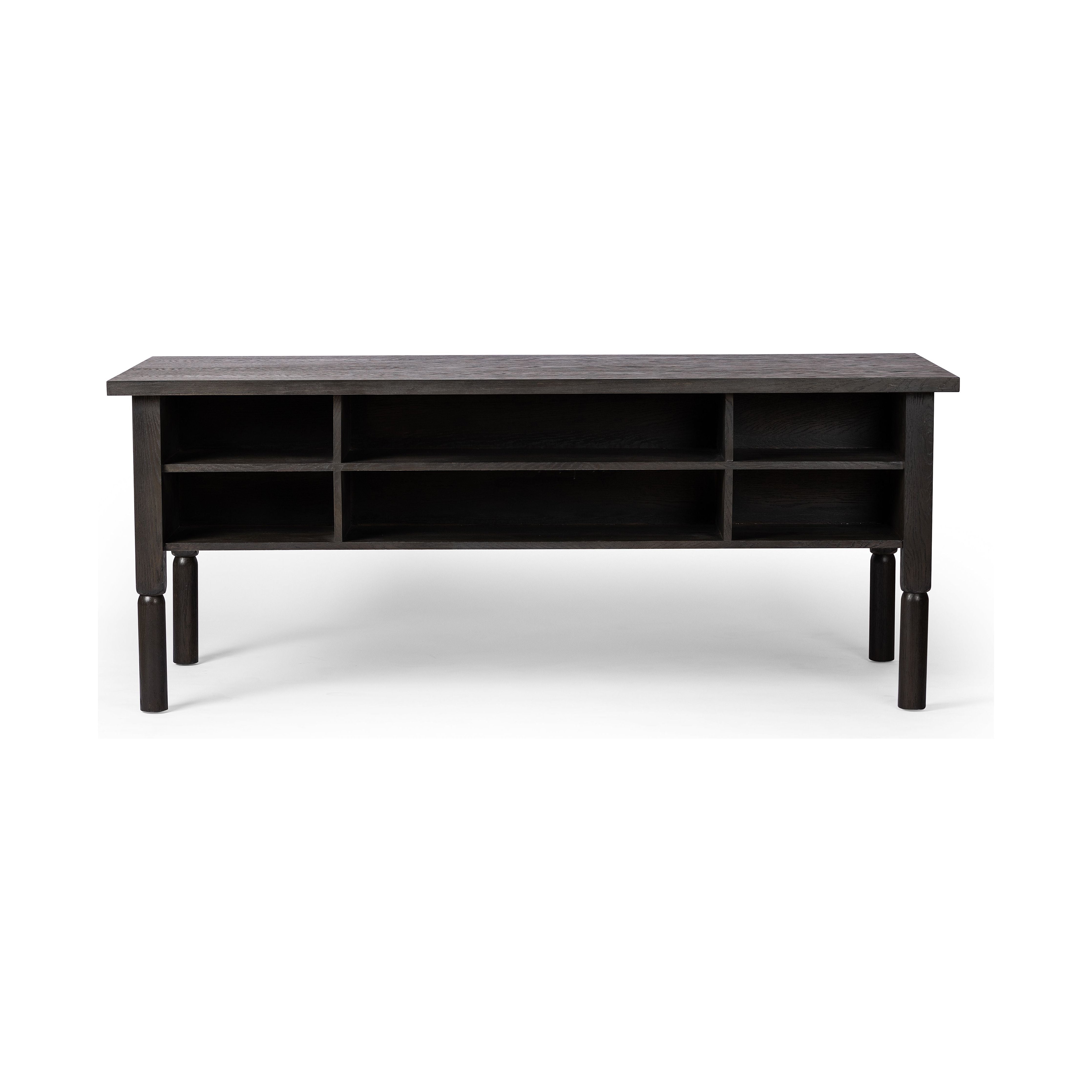 Featuring Concord Charcoal Oak Desk by Four Hands at Amethyst Home. Made from oak veneer with a deep charcoal finish, this executive-size desk delivers ultimate storage, including four drawers on one side plus six open cubbies on the other, granting the option to float-style in a room. Partially turned legs add a design-forward finishing touch.Overall Dimensions: 75"W x 30"L x 30"H
. Amethyst Home provides interior design, new construction, custom furniture, and area rugs in the Austin metro area.