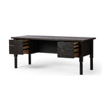 Featuring Concord Charcoal Oak Desk by Four Hands at Amethyst Home. Made from oak veneer with a deep charcoal finish, this executive-size desk delivers ultimate storage, including four drawers on one side plus six open cubbies on the other, granting the option to float-style in a room. Partially turned legs add a design-forward finishing touch.Overall Dimensions: 75"W x 30"L x . Amethyst Home provides interior design, new construction, custom furniture, and area rugs in the Los Angeles metro area.