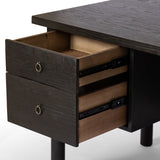 Featuring Concord Charcoal Oak Desk by Four Hands at Amethyst Home. Made from oak veneer with a deep charcoal finish, this executive-size desk delivers ultimate storage, including four drawers on one side plus six open cubbies on the other, granting the option to float-style in a room. Partially turned legs add a design-forward finishing touch.Overall Dimensions: 75"W x 30"L x 30"H
C. Amethyst Home provides interior design, new construction, custom furniture, and area rugs in the Omaha metro area.