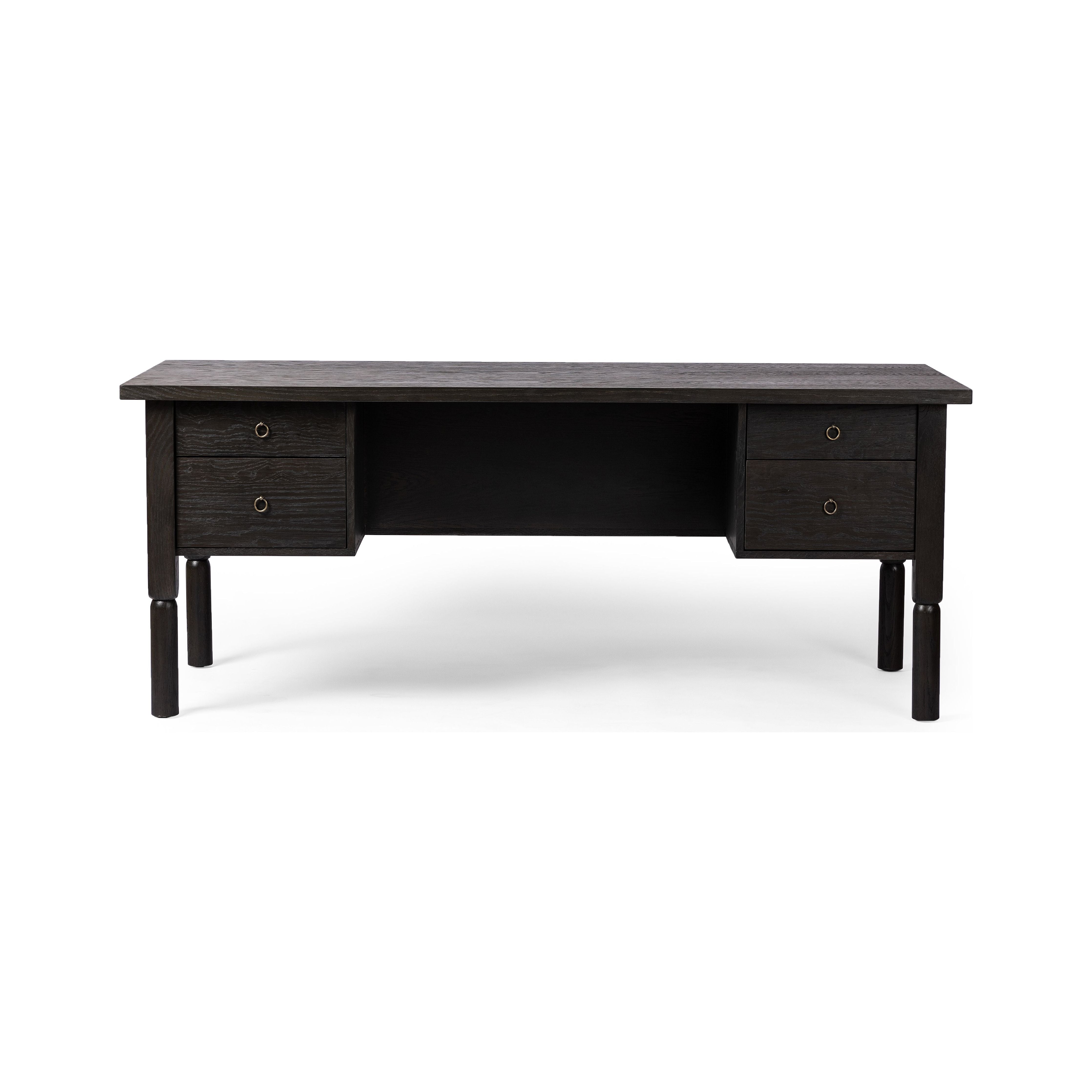Featuring Concord Charcoal Oak Desk by Four Hands at Amethyst Home. Made from oak veneer with a deep charcoal finish, this executive-size desk delivers ultimate storage, including four drawers on one side plus six open cubbies on the other, granting the option to float-style in a room. Partially turned legs add a design-forward finishing touch.Overall Dimensions: 75"W x 30"L x 30". Amethyst Home provides interior design, new construction, custom furniture, and area rugs in the Portland metro area.