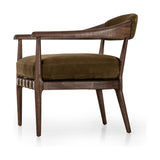 Featuring Dane Cottswald Moss Nubuck Chair by Four Hands at Amethyst Home. Safari styling is brought to modern speed on this vintage-inspired chair. Its solid wood frame features a webbed seating structure that brings a sink-in feel to the entire piece. The upholstered back, strap details and loose cushion are finished in a rich Italian-made leather with a soft, buttery feel an. Amethyst Home provides interior design, new construction, custom furniture, and area rugs in the Kansas City metro area.