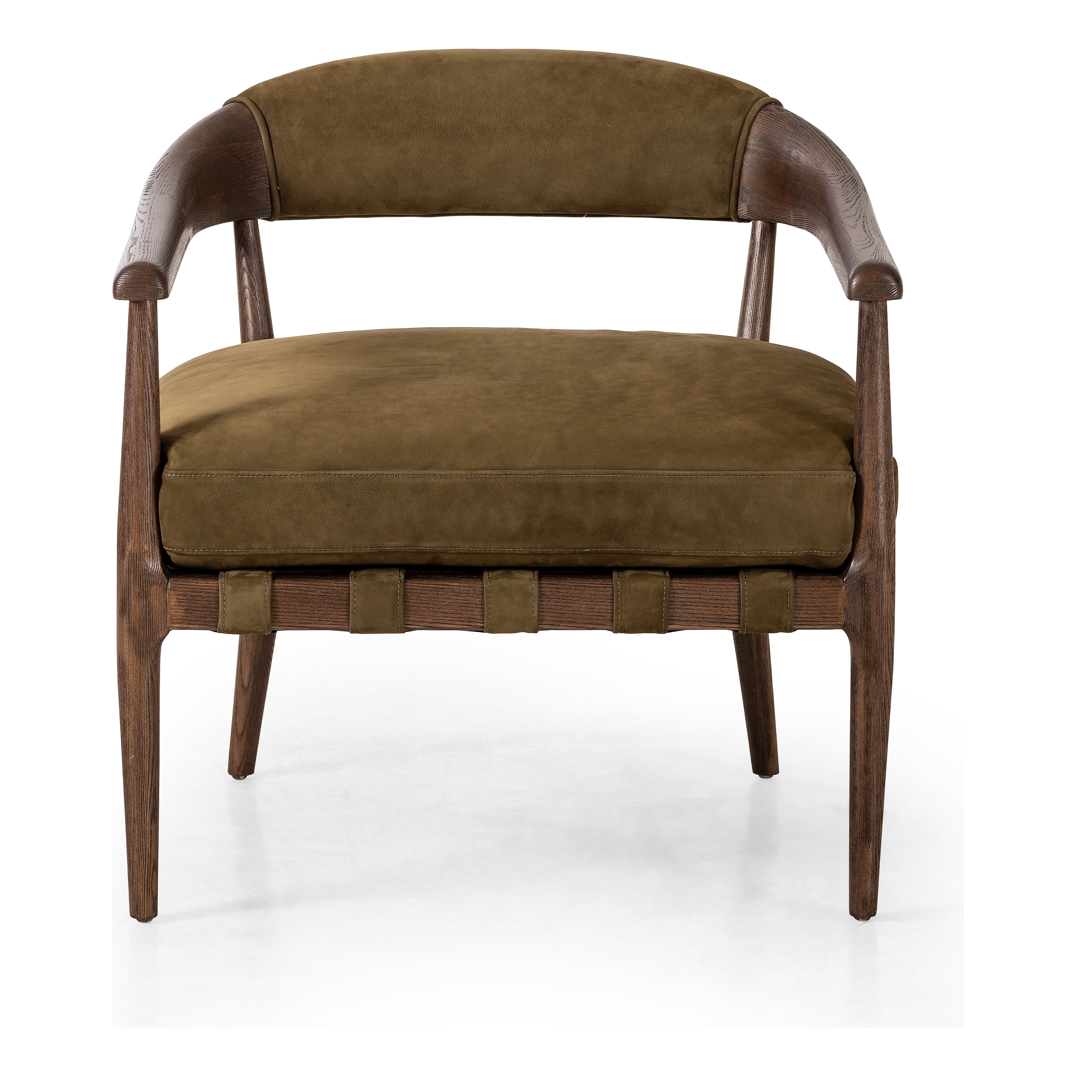 Featuring Dane Cottswald Moss Nubuck Chair by Four Hands at Amethyst Home. Safari styling is brought to modern speed on this vintage-inspired chair. Its solid wood frame features a webbed seating structure that brings a sink-in feel to the entire piece. The upholstered back, strap details and loose cushion are finished in a rich Italian-made leather with a soft, buttery feel and subt. Amethyst Home provides interior design, new construction, custom furniture, and area rugs in the Miami metro area.