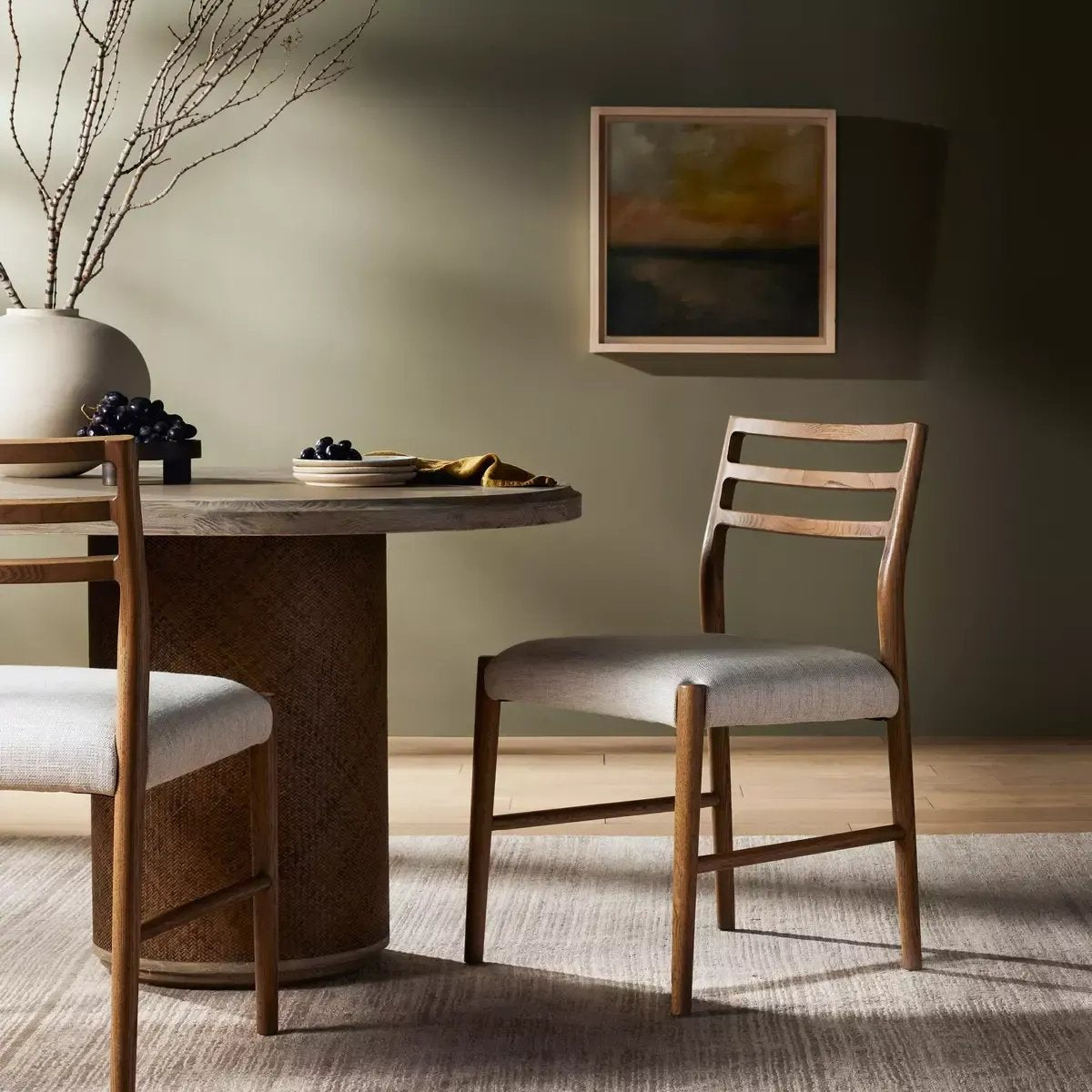 Featuring Glenmore Smoked Oak Dining Chair by Four Hands at Amethyst Home. Textured materials redefine the classic ladderback chair, with a smoked oak frame and a comfortable seat of cotton and linen.Overall Dimensions: 21.75"W x 22"L x 34"H
Collection: BoltonColors: Smoked Oak ,Essence NaturalMaterials: Solid Oak ,49Vi,22Li,18Pl,11Co Weight: 11.58 lbs. Amethyst Home provides interior design, new home construction design consulting, vintage area rugs, and lighting in the Charlotte metro area.