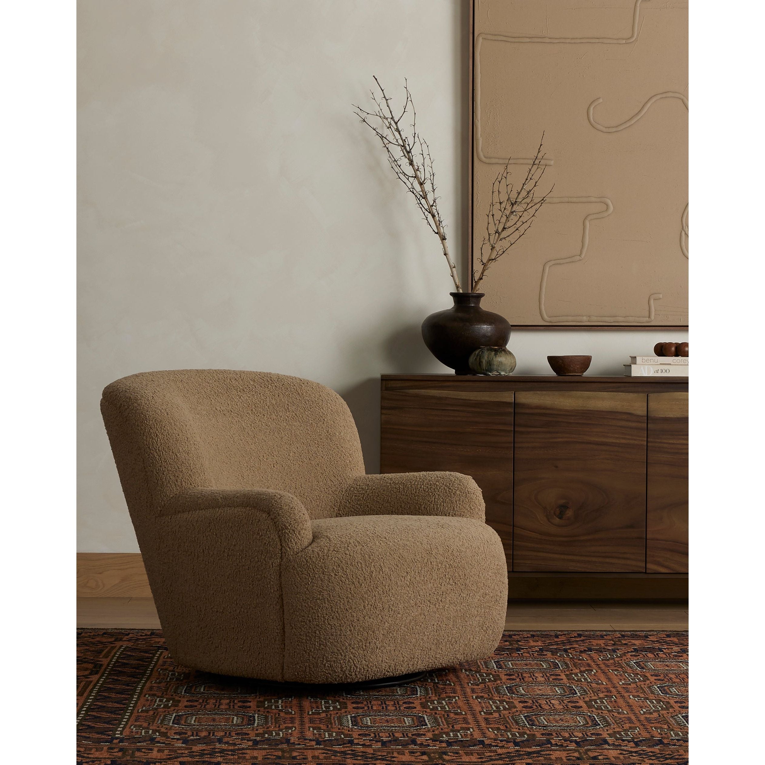 Featuring Kadon Swivel Chair in Sheepskin Camel by Four Hands at Amethyst Home. Simply classic. The Kadon Swivel Chair features a high wing back and pairs with softly rolled arms for a curvy look and supportive sit. Camel-colored shearling-upholstered seating tops a 360-degree swivel for total modernity.
Overall Dimensions: 35.50"W x 39"L x 32.75"HColors: S. Amethyst Home provides interior design, new home construction design consulting, vintage area rugs, and lighting in the Nashville metro area.
