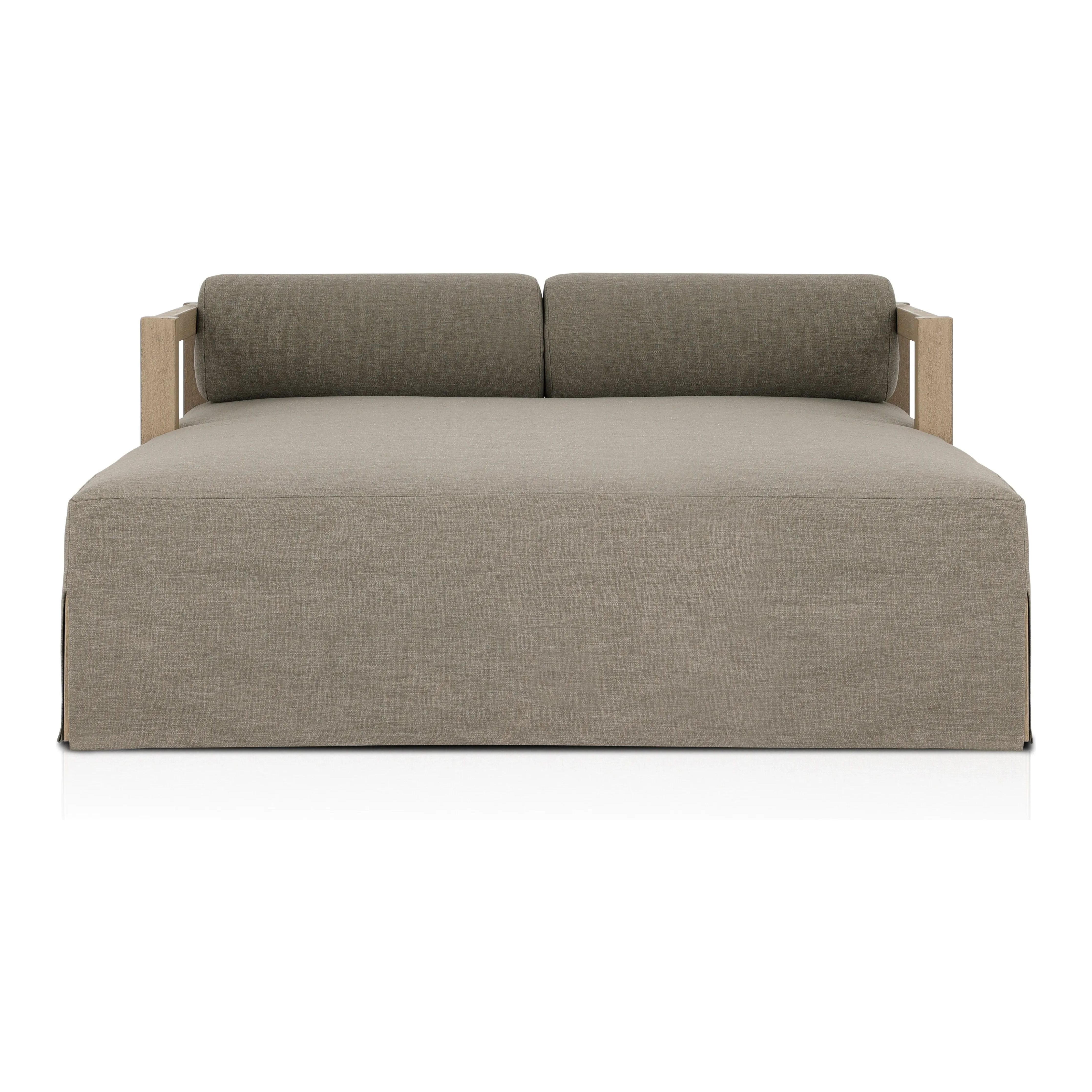 Featuring Laskin Washed Brown Outdoor Daybed by Four Hands at Amethyst Home. A soft, durable slipcover brings a complementary casual and laid-back look to structured framing of FSCA-certified teak. A bolster back cushion offers support and comfort in this outdoor daybed. Made in Italy, this sustainably made fabric is antimicrobial and highly resistant to sunli. Amethyst Home provides interior design, new home construction design consulting, vintage area rugs, and lighting in the Boston metro area.