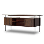 Featuring Lauren  Desk by Four Hands at Amethyst Home. This mid-century inspired lawyer's desk offers heavy-duty storage with two-sided cabinetry. A floating top and simple iron legs keeps the look light and modern. Solid acacia casing with reclaimed peroba wood door and drawer fronts. This piece is designed in collaboration with Thomas Bina. Four Hands’ partnership with the renown. Amethyst Home provides interior design, new construction, custom furniture, and area rugs in the Miami metro area.
