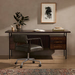 Featuring Lauren  Desk by Four Hands at Amethyst Home. This mid-century inspired lawyer's desk offers heavy-duty storage with two-sided cabinetry. A floating top and simple iron legs keeps the look light and modern. Solid acacia casing with reclaimed peroba wood door and drawer fronts. This piece is designed in collaboration with Thomas Bina. Four Hands’ partnership with t. Amethyst Home provides interior design, new construction, custom furniture, and area rugs in the Salt Lake City metro area.