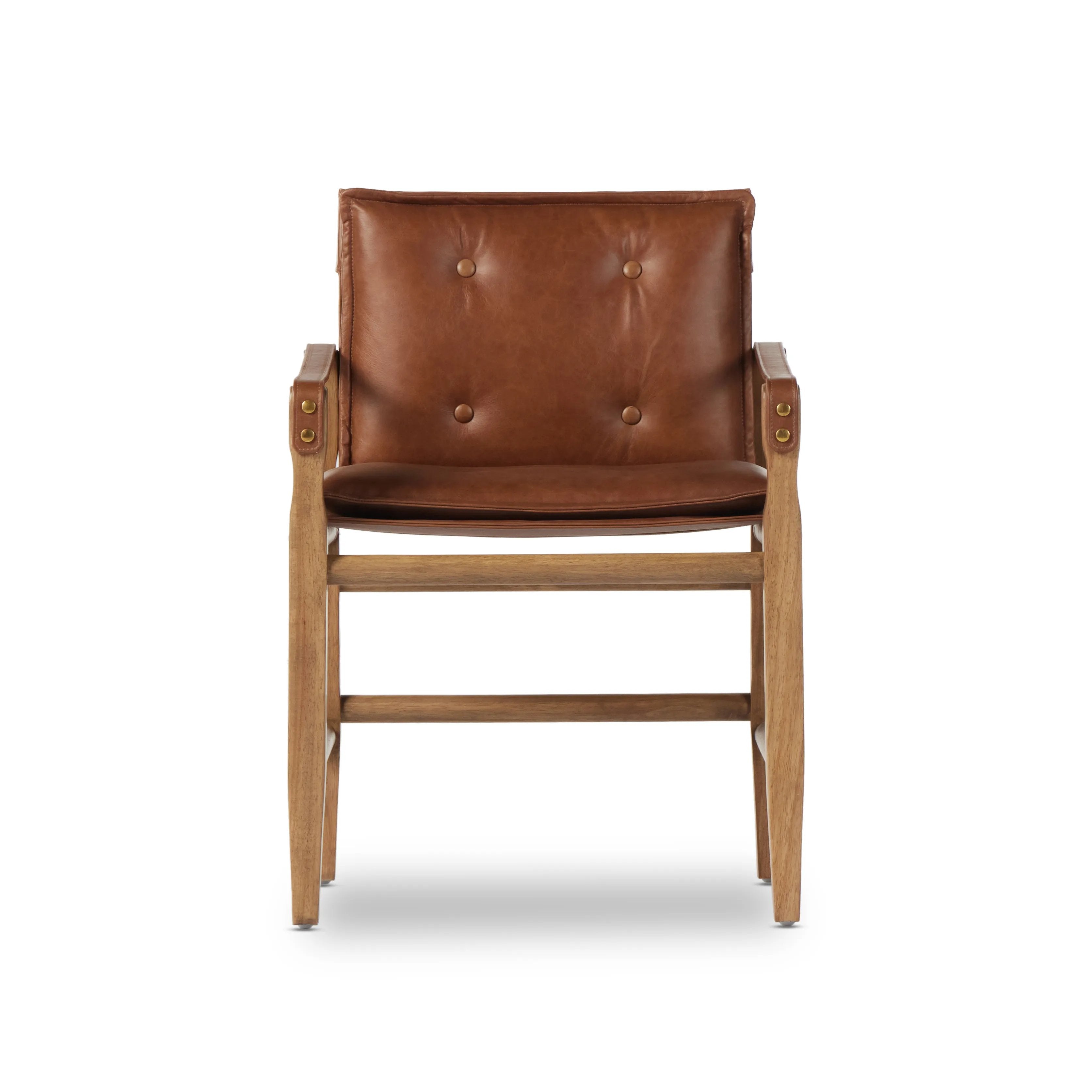 Featuring Lenz Sonoma Chestnut Dining Armchair by Four Hands at Amethyst Home. Inspired by a vintage safari-style frame, this dining chair is defined by the fluid strap arms. Semi-attached cushions in rich chestnut leather, finished with button tufting details. Parawood frame and brass details add warmth and texture.Overall Dimensions: 25"W x 23"L x 34"H
Co. Amethyst Home provides interior design, new home construction design consulting, vintage area rugs, and lighting in the Nashville metro area.