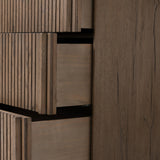 Featuring Leo Rustic Grey 6 Drawer Dresser by Four Hands at Amethyst Home. Designed by Thomas Bina and Ronald Sasson, a design partnership blending both modern minimalist and Brazilian influences. Crafted from solid oak, this clean-lined dresser features vertical reed detailing on the drawer fronts with wooden pull detailing on the outer edges. Drawers are fini. Amethyst Home provides interior design, new home construction design consulting, vintage area rugs, and lighting in the Tampa metro area.