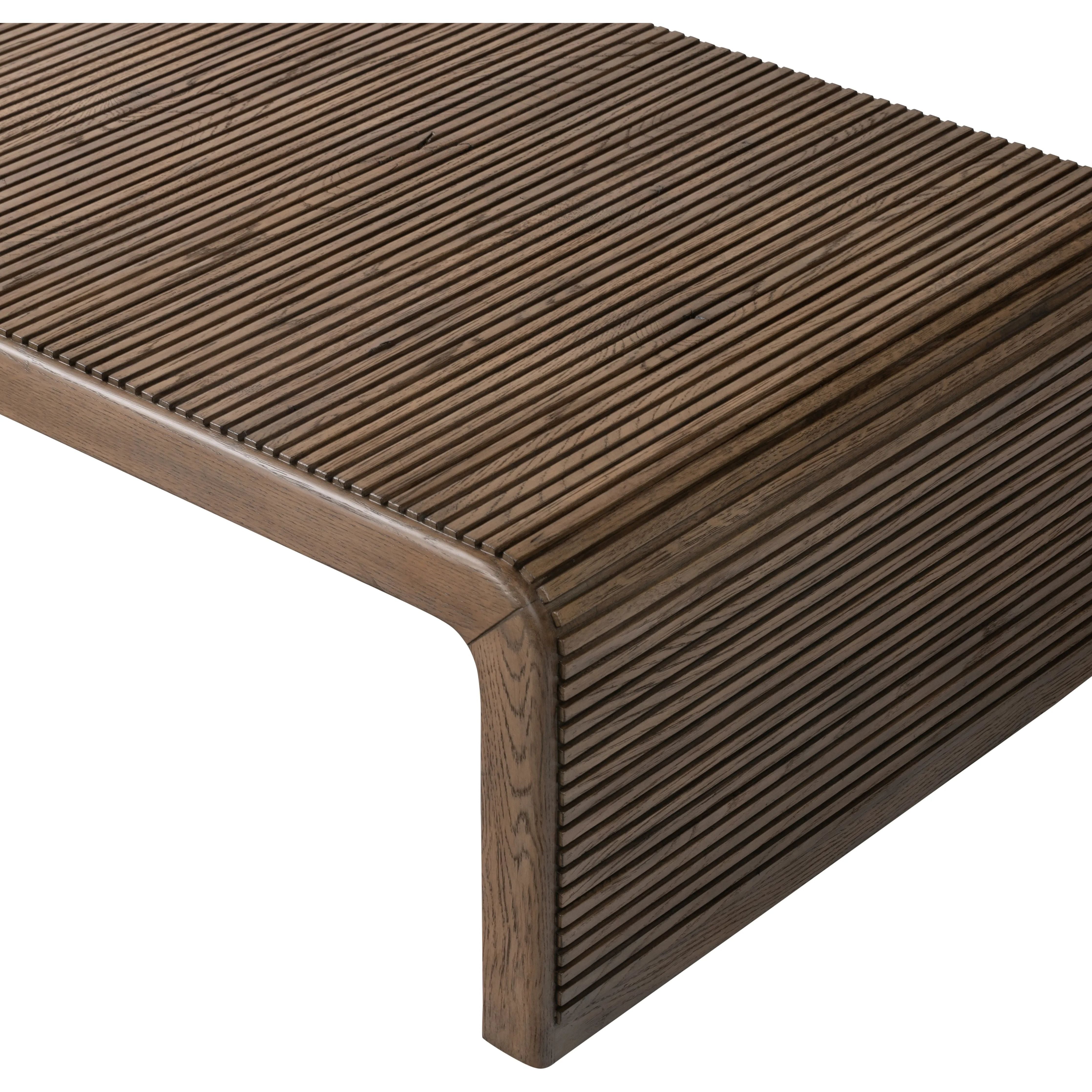 Featuring Leo Rustic Grey Coffee Table by Four Hands at Amethyst Home. Grey-finished oak shapes an elongated coffee table, rich with reeding. Subtly rounded edges reflect Brazilian midcentury inspiration behind this crafted minimalist piece. Designed in partnership with longtime Four Hands collaborator Thomas Bina and designer Ronald Sasson.Overall Dime. Amethyst Home provides interior design, new home construction design consulting, vintage area rugs, and lighting in the Newport Beach metro area.