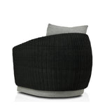 Featuring Maven Faux Black Outdoor Swivel Chair by Four Hands at Amethyst Home. Sustainably made with zero waste, luxurious Italian upholstery places a new and unique spin on indoor/outdoor seating, offering soft, durable fabric that's highly resistant to sun, stains, mold and abrasion. Shell framing in black faux-hyacinth weaves for extra texture atop a 3. Amethyst Home provides interior design, new home construction design consulting, vintage area rugs, and lighting in the Des Moines metro area.