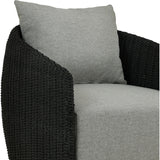 Featuring Maven Faux Black Outdoor Swivel Chair by Four Hands at Amethyst Home. Sustainably made with zero waste, luxurious Italian upholstery places a new and unique spin on indoor/outdoor seating, offering soft, durable fabric that's highly resistant to sun, stains, mold and abrasion. Shell framing in black faux-hyacinth weaves for extra texture atop a 360. Amethyst Home provides interior design, new home construction design consulting, vintage area rugs, and lighting in the Monterey metro area.