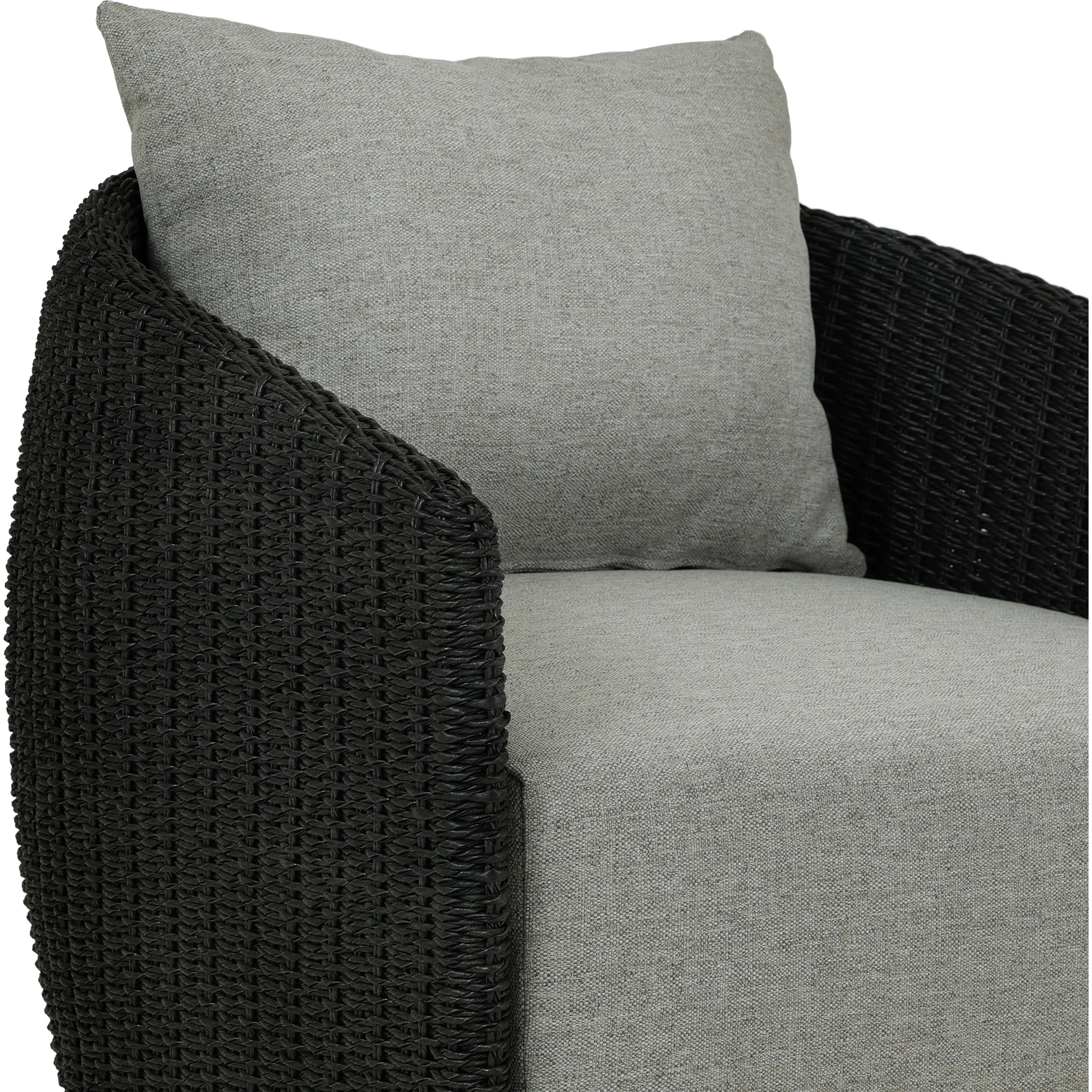 Featuring Maven Faux Black Outdoor Swivel Chair by Four Hands at Amethyst Home. Sustainably made with zero waste, luxurious Italian upholstery places a new and unique spin on indoor/outdoor seating, offering soft, durable fabric that's highly resistant to sun, stains, mold and abrasion. Shell framing in black faux-hyacinth weaves for extra texture atop a 360. Amethyst Home provides interior design, new home construction design consulting, vintage area rugs, and lighting in the Monterey metro area.