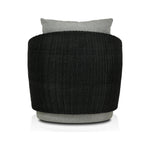 Featuring Maven Faux Black Outdoor Swivel Chair by Four Hands at Amethyst Home. Sustainably made with zero waste, luxurious Italian upholstery places a new and unique spin on indoor/outdoor seating, offering soft, durable fabric that's highly resistant to sun, stains, mold and abrasion. Shell framing in black faux-hyacinth weaves for extra texture atop . Amethyst Home provides interior design, new home construction design consulting, vintage area rugs, and lighting in the Newport Beach metro area.