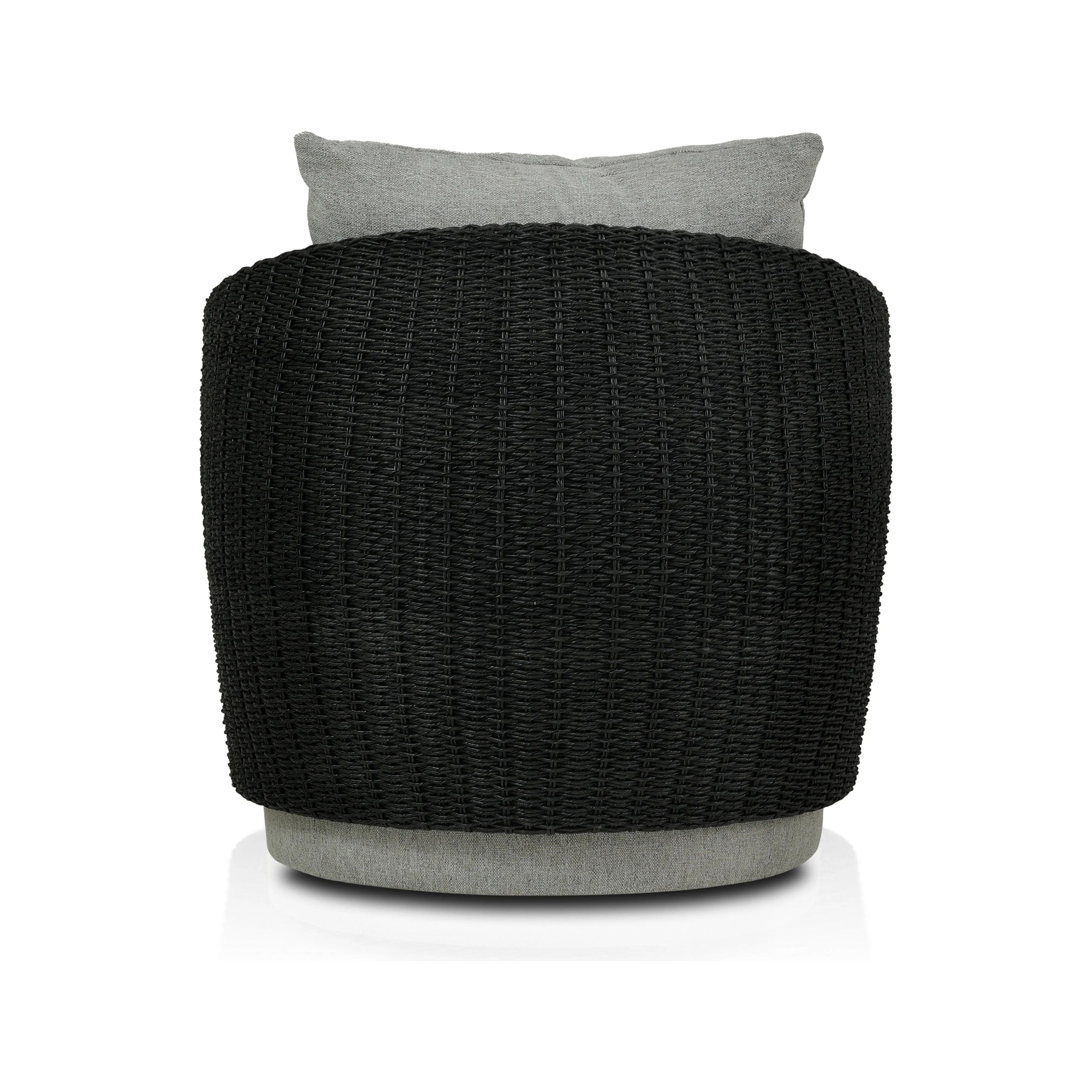 Featuring Maven Faux Black Outdoor Swivel Chair by Four Hands at Amethyst Home. Sustainably made with zero waste, luxurious Italian upholstery places a new and unique spin on indoor/outdoor seating, offering soft, durable fabric that's highly resistant to sun, stains, mold and abrasion. Shell framing in black faux-hyacinth weaves for extra texture atop . Amethyst Home provides interior design, new home construction design consulting, vintage area rugs, and lighting in the Newport Beach metro area.