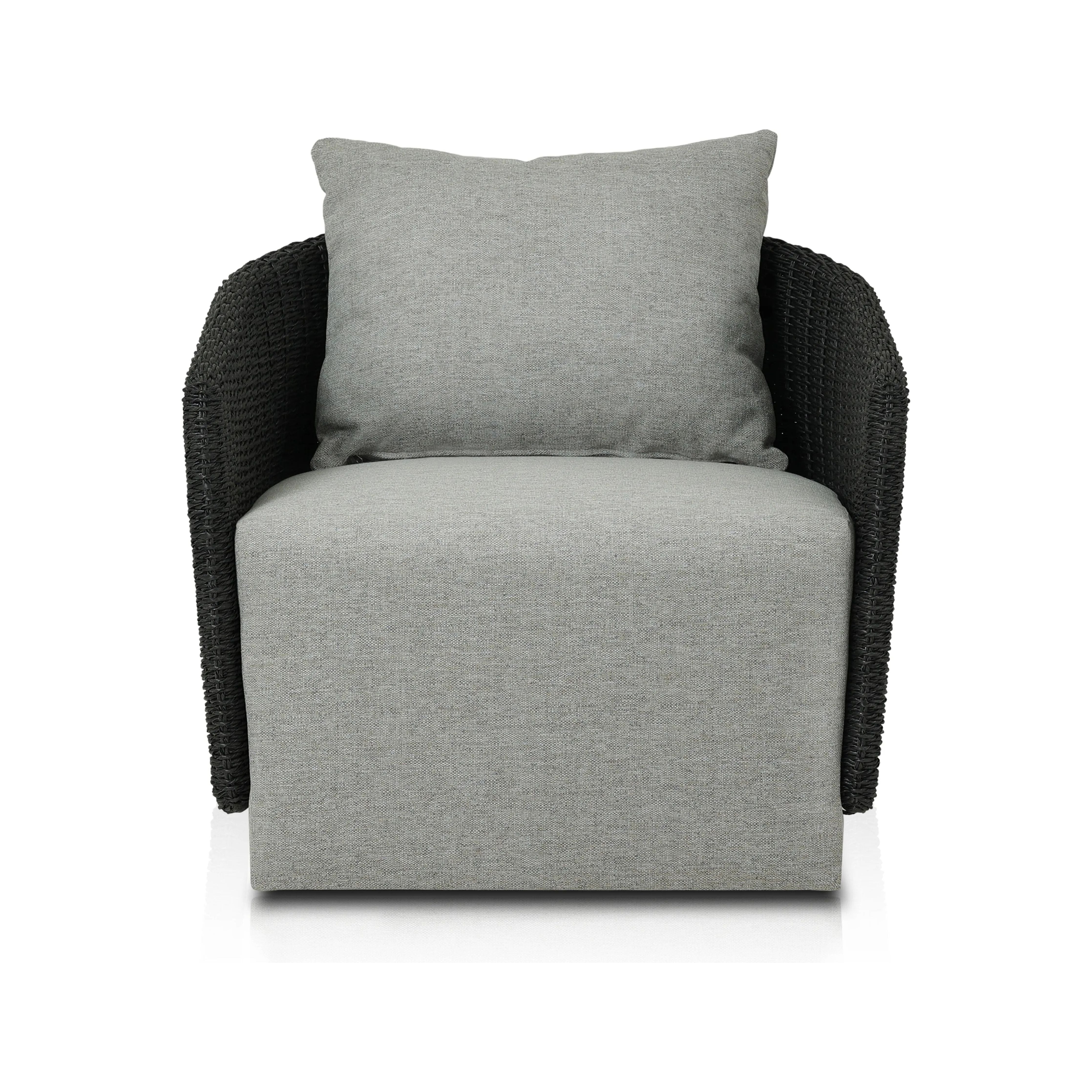 Featuring Maven Faux Black Outdoor Swivel Chair by Four Hands at Amethyst Home. Sustainably made with zero waste, luxurious Italian upholstery places a new and unique spin on indoor/outdoor seating, offering soft, durable fabric that's highly resistant to sun, stains, mold and abrasion. Shell framing in black faux-hyacinth weaves for extra texture atop a 36. Amethyst Home provides interior design, new home construction design consulting, vintage area rugs, and lighting in the Park City metro area.