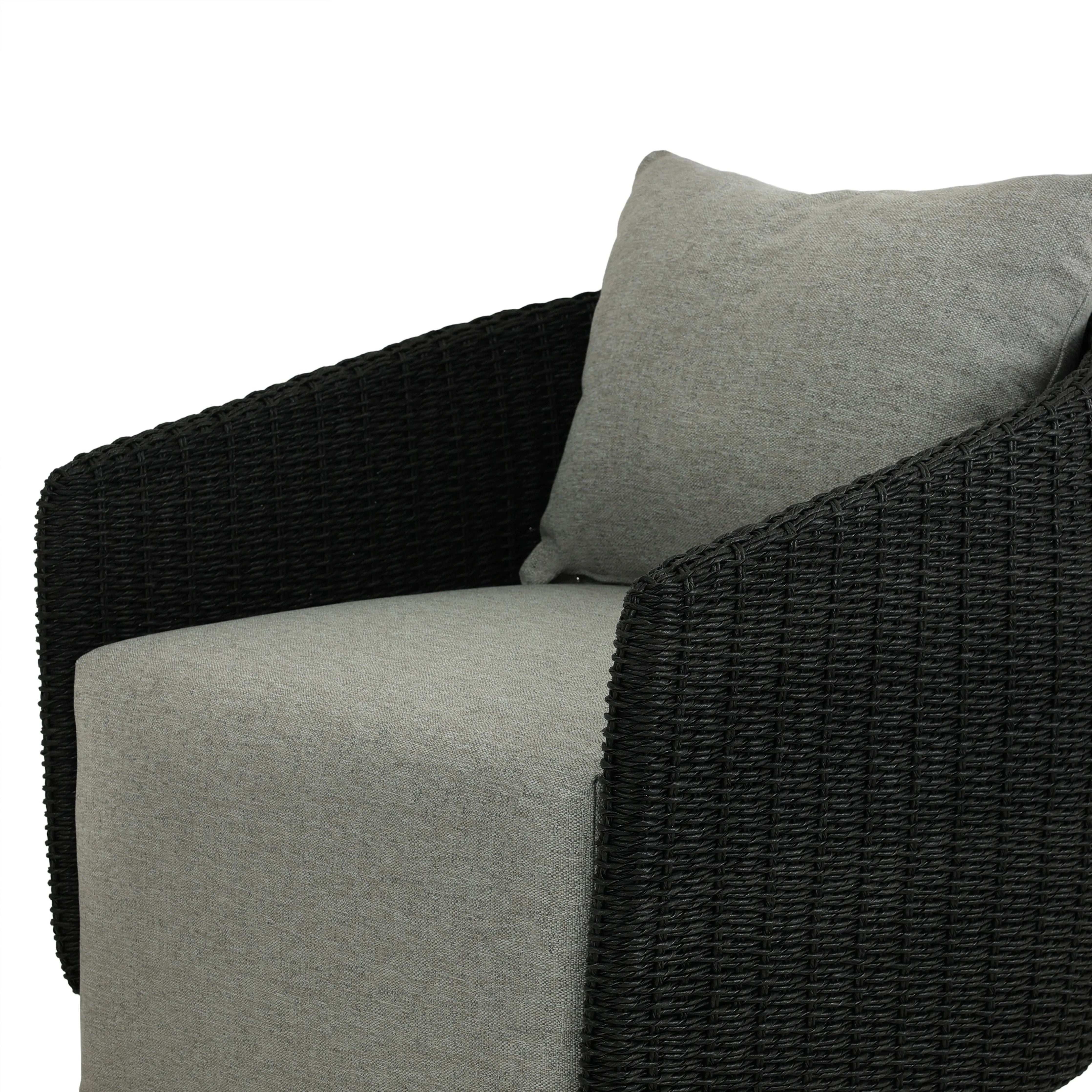 Featuring Maven Faux Black Outdoor Swivel Chair by Four Hands at Amethyst Home. Sustainably made with zero waste, luxurious Italian upholstery places a new and unique spin on indoor/outdoor seating, offering soft, durable fabric that's highly resistant to sun, stains, mold and abrasion. Shell framing in black faux-hyacinth weaves for extra texture atop a 36. Amethyst Home provides interior design, new home construction design consulting, vintage area rugs, and lighting in the San Diego metro area.