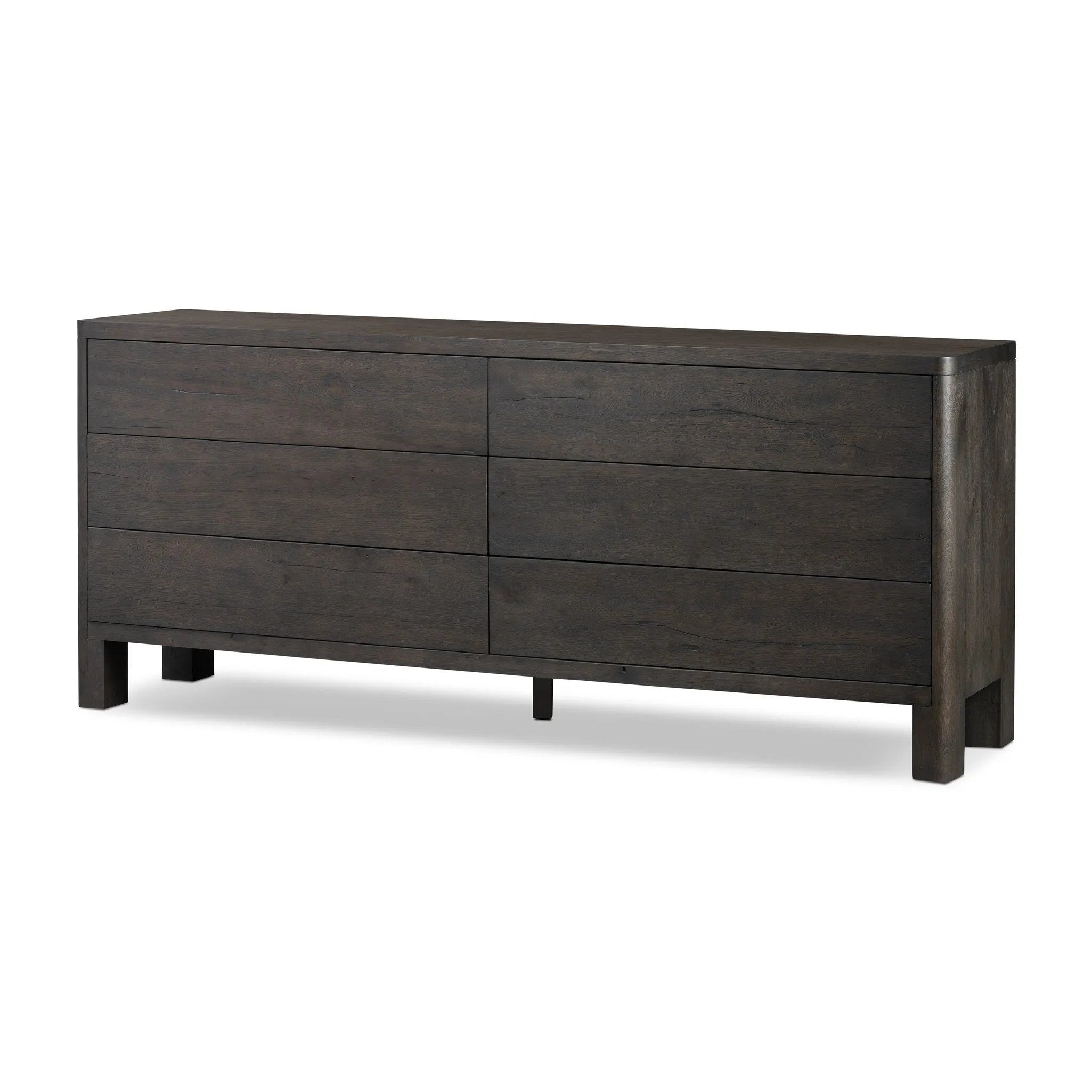 Featuring Noeline Smoked Black Oak Veneer 6 Drawer Dresser by Four Hands at Amethyst Home. Topped with a thick plank of solid oak, this extra-wide dresser blends modern lines and warm character with six roomy drawers, slightly curved corners, and solid square legs. Seamless drawer fronts have a push-latch mechanism. Made from solid oak and veneer in a smok. Amethyst Home provides interior design, new home construction design consulting, vintage area rugs, and lighting in the Alpharetta metro area.