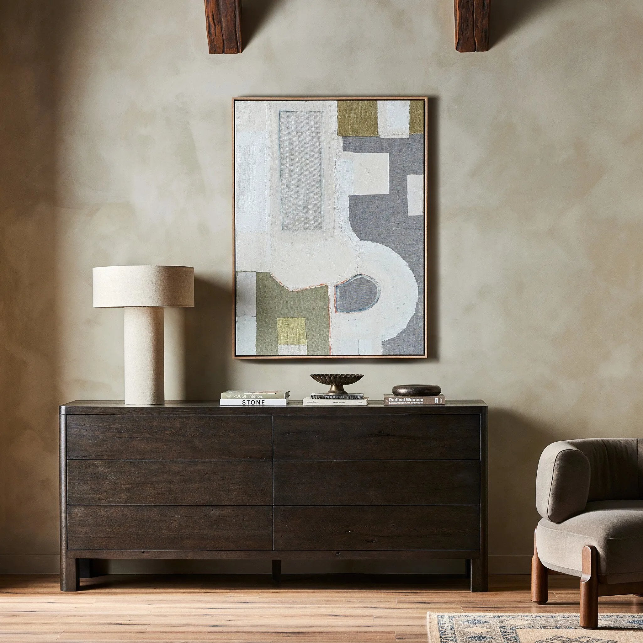 Featuring Noeline Smoked Black Oak Veneer 6 Drawer Dresser by Four Hands at Amethyst Home. Topped with a thick plank of solid oak, this extra-wide dresser blends modern lines and warm character with six roomy drawers, slightly curved corners, and solid square legs. Seamless drawer fronts have a push-latch mechanism. Made from solid oak and veneer in a smok. Amethyst Home provides interior design, new home construction design consulting, vintage area rugs, and lighting in the Des Moines metro area.