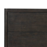 Featuring Noeline Smoked Black Oak Veneer Nightstand by Four Hands at Amethyst Home. Topped with a thick plank of solid oak, this extra-wide nightstand blends modern lines and warm character with two roomy drawers, slightly curved corners, and solid square legs. Seamless drawer fronts have a push-latch mechanism. Made from solid oak and veneer in a smoky blac. Amethyst Home provides interior design, new home construction design consulting, vintage area rugs, and lighting in the Houston metro area.