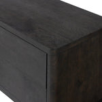Featuring Noeline Smoked Black Oak Veneer Nightstand by Four Hands at Amethyst Home. Topped with a thick plank of solid oak, this extra-wide nightstand blends modern lines and warm character with two roomy drawers, slightly curved corners, and solid square legs. Seamless drawer fronts have a push-latch mechanism. Made from solid oak and veneer in a smoky black . Amethyst Home provides interior design, new home construction design consulting, vintage area rugs, and lighting in the Tampa metro area.