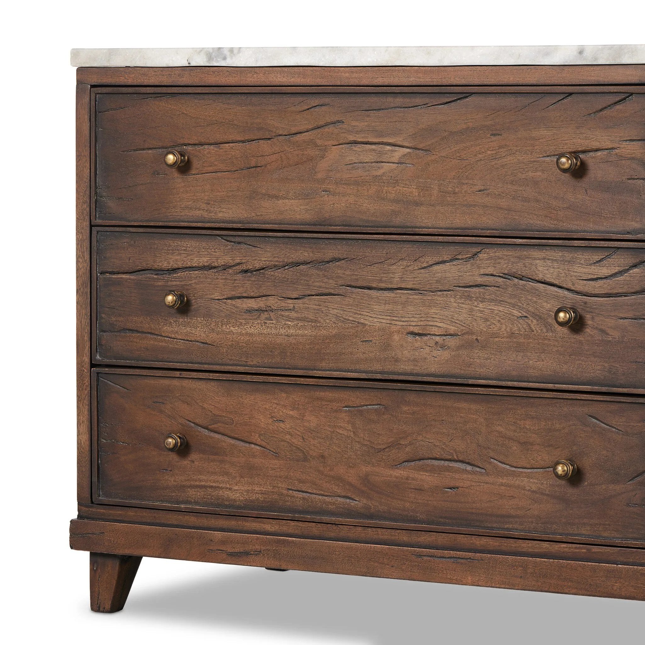 Featuring Odette Antique Belgium Bleach Marble Nightstand by Four Hands at Amethyst Home. Capturing the charm of vintage French storage, this solid mango wood nightstand stands tall with a polished marble top and softened ogee edges. Three spacious drawers are fitted with classic brass-button hardware. Natural marks and cracks are characteristic of the rec. Amethyst Home provides interior design, new home construction design consulting, vintage area rugs, and lighting in the Alpharetta metro area.