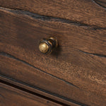 Featuring Odette Antique Belgium Bleach Marble Nightstand by Four Hands at Amethyst Home. Capturing the charm of vintage French storage, this solid mango wood nightstand stands tall with a polished marble top and softened ogee edges. Three spacious drawers are fitted with classic brass-button hardware. Natural marks and cracks are characteristic of the recl. Amethyst Home provides interior design, new home construction design consulting, vintage area rugs, and lighting in the Calabasas metro area.