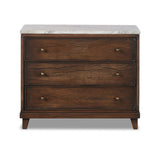 Featuring Odette Antique Belgium Bleach Marble Nightstand by Four Hands at Amethyst Home. Capturing the charm of vintage French storage, this solid mango wood nightstand stands tall with a polished marble top and softened ogee edges. Three spacious drawers are fitted with classic brass-button hardware. Natural marks and cracks are characteristic of the . Amethyst Home provides interior design, new home construction design consulting, vintage area rugs, and lighting in the Newport Beach metro area.