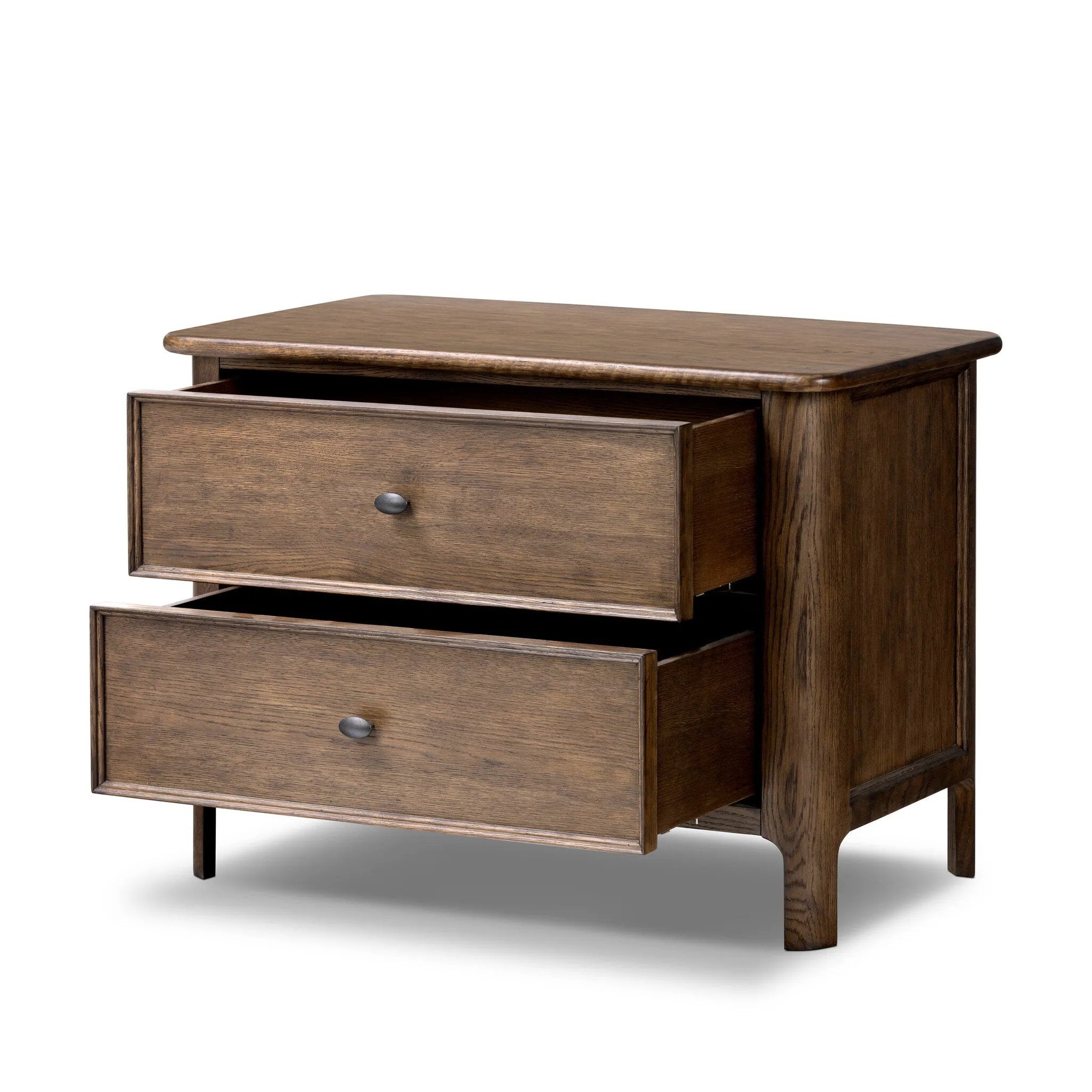 Featuring Russ Aged Oak Nightstand by Four Hands at Amethyst Home. Like an heirloom nightstand with two roomy drawers, this aged oak design has room for it all. Detailed with an overhang surface, carved edges top to bottom, angled legs and oval drawer pulls finished in dark gunmetal.
Collection: BoltonColors: Aged Oak, Aged Oak VeneerMaterials: Solid Oak, O. Amethyst Home provides interior design, new home construction design consulting, vintage area rugs, and lighting in the Park City metro area.