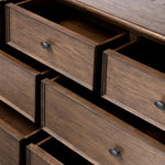 Featuring Russ Aged Oak Oversized Dresser by Four Hands at Amethyst Home. Like an heirloom dresser with three smaller drawers up top, this aged oak design has room for it all. Detailed with an overhang surface, carved edges top to bottom, angled legs and oval drawer pulls finished in dark gunmetal.
Overall Dimensions: 21.0" L x 72.0" W x 38.75" H
Collection: Bo. Amethyst Home provides interior design, new home construction design consulting, vintage area rugs, and lighting in the Tampa metro area.
