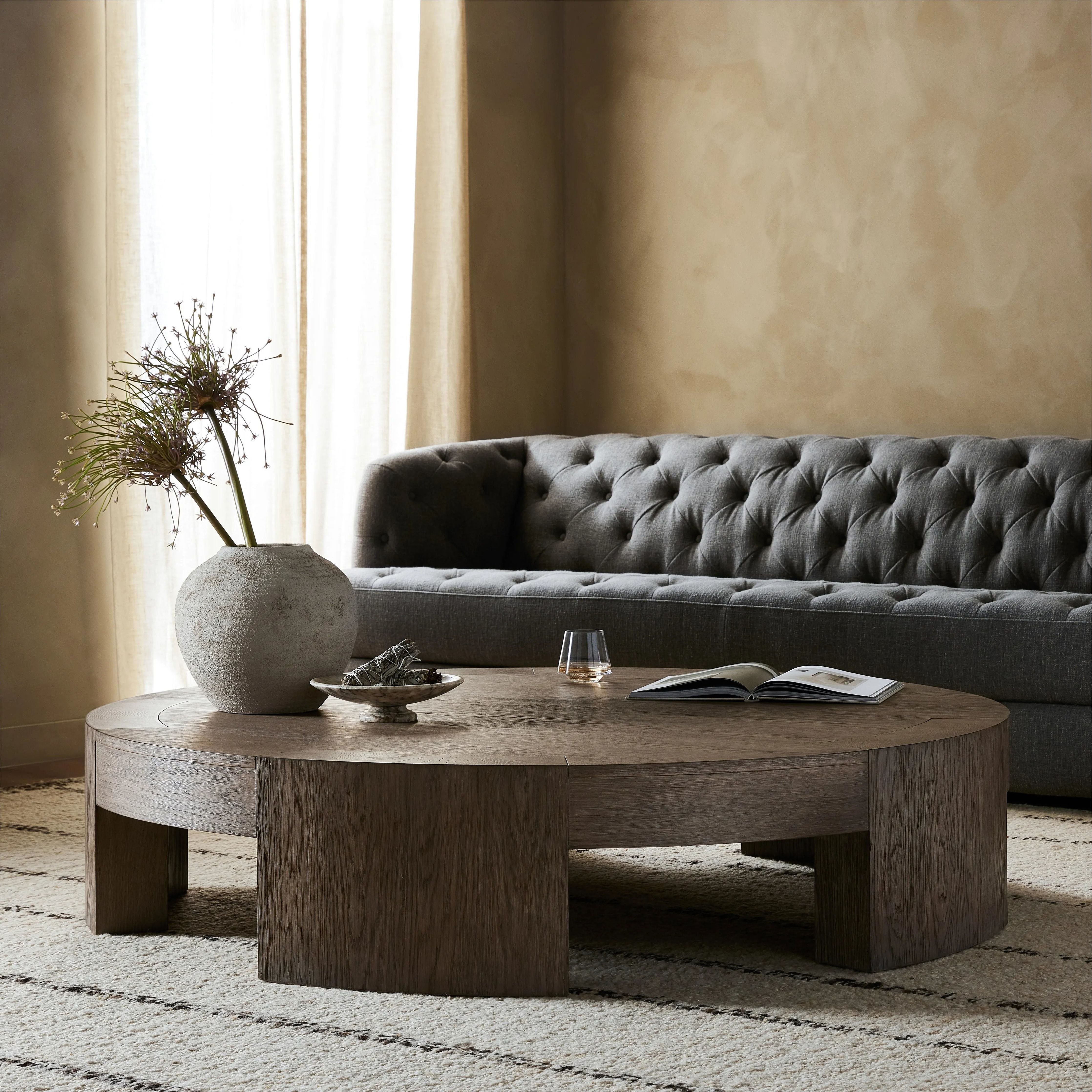 Featuring Sheffield Large-Warm Natural Coffee Table by Four Hands at Amethyst Home. A simple stunner. This large coffee table features exposed joinery from five thick, gently curved legs. Crafted from a beautiful oak veneer with exposed graining throughout.Overall Dimensions: 60"W x 60"L x 13"H
Collection: IrondaleColors: Warm Natural Flat Oak VeneerMaterials:. Amethyst Home provides interior design, new home construction design consulting, vintage area rugs, and lighting in the Austin metro area.