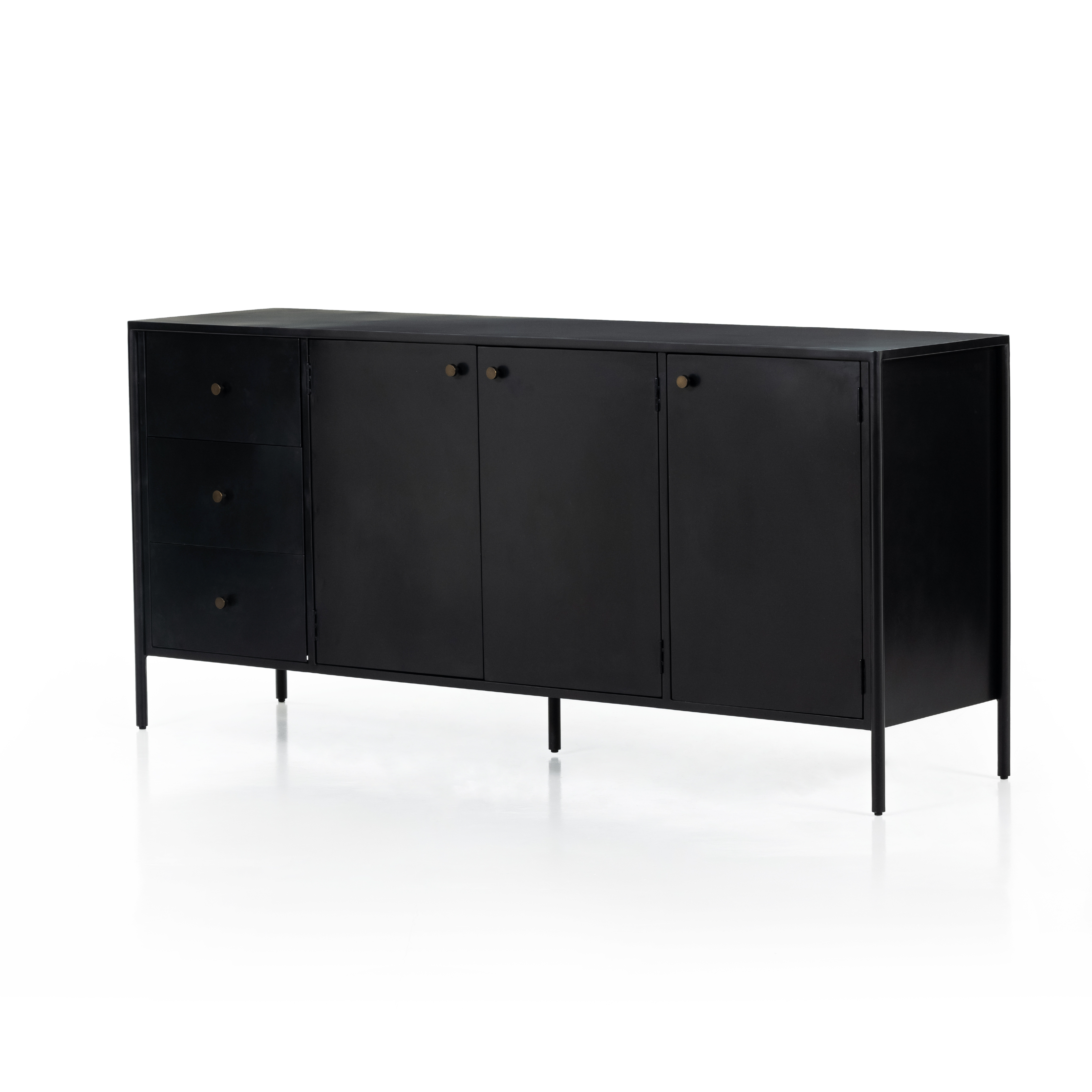 Featuring Soto Black Sideboard by Four Hands at Amethyst Home. Bring a softened industrial look to the dining room with a simple black-finished iron Soto Black Sideboard featuring bronzed iron hardware for modernity. Three roomy drawers plus generous closed cabinetry offer ample storage area for table linens, serveware and more.
Overall Dimensions: 74"W x 19"L x 34"H
Colors: Black,. Amethyst Home provides interior design, new construction, custom furniture, and rugs for the Kansas City metro area.