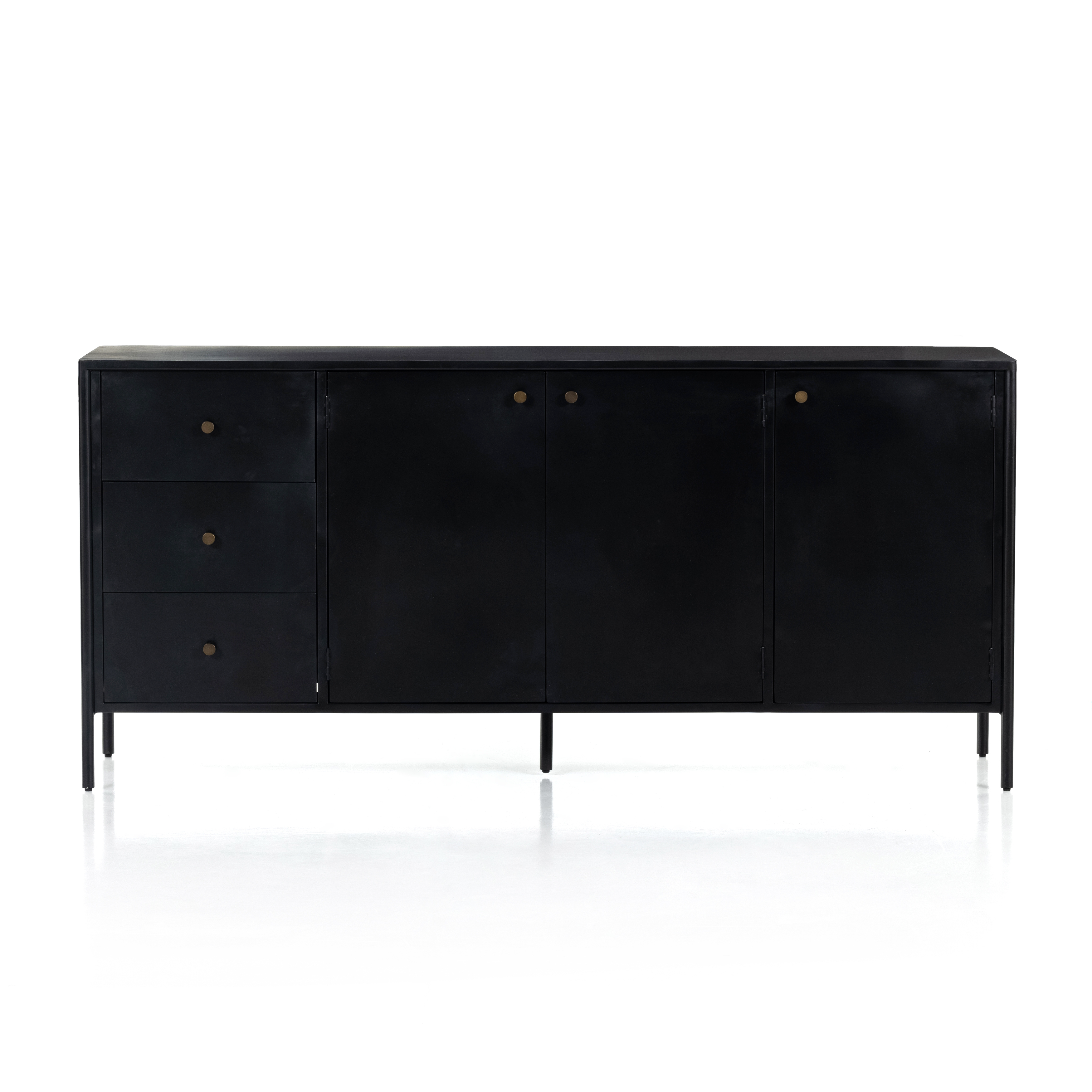 Featuring Soto Black Sideboard by Four Hands at Amethyst Home. Bring a softened industrial look to the dining room with a simple black-finished iron Soto Black Sideboard featuring bronzed iron hardware for modernity. Three roomy drawers plus generous closed cabinetry offer ample storage area for table linens, serveware and more.
Overall Dimensions: 74"W x 19"L x 34"H
Colors: Black, Weath. Amethyst Home provides interior design, new construction, custom furniture, and rugs for the Omaha metro area.