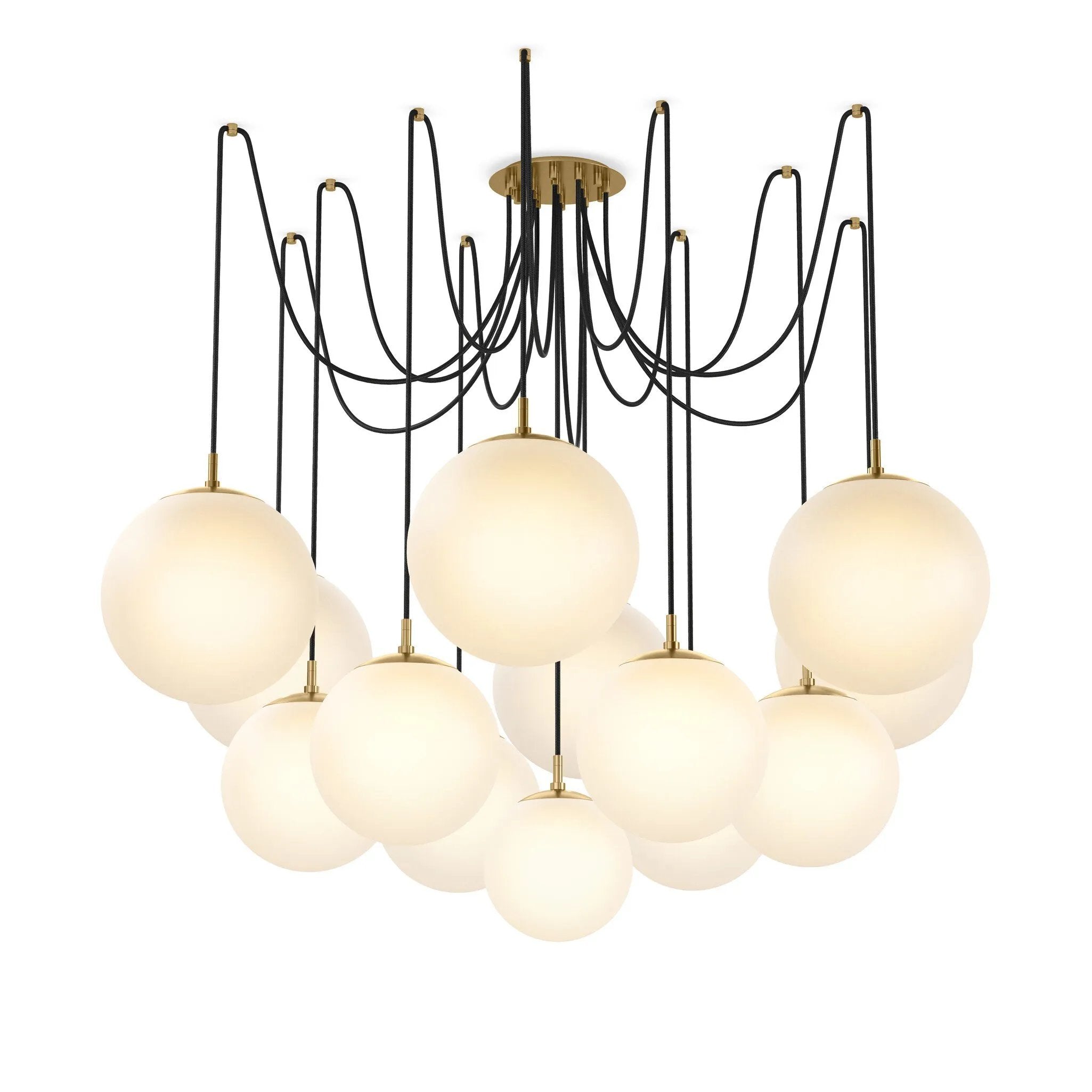Featuring Spider Burnished Brass Opal Matte Glass Cord Chandelier by Four Hands at Amethyst Home. Matte glass spheres float at varying lengths for a statement-making piece. Each globe is individually blown, shaped and sculpted by hand through a one-hour process. Matte glass is specially manufactured to evenly diffuse light. Brass and glass are 98% recyclabl. Amethyst Home provides interior design, new home construction design consulting, vintage area rugs, and lighting in the San Diego metro area.