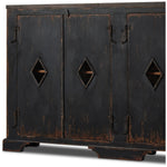 Featuring The Black Humptulips River Moonshine Cabinet by Four Hands at Amethyst Home. By the makers at Van Thiel, known for their antique-inspired pieces and hand-applied finishes. This wide but slim solid pine cabinet features door fronts with diamond cutout details and wire mesh inserts. Detailed with antique-inspired hardware and hinges. Metal-clad top . Amethyst Home provides interior design, new home construction design consulting, vintage area rugs, and lighting in the Park City metro area.