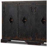 Featuring The Black Humptulips River Moonshine Cabinet by Four Hands at Amethyst Home. By the makers at Van Thiel, known for their antique-inspired pieces and hand-applied finishes. This wide but slim solid pine cabinet features door fronts with diamond cutout details and wire mesh inserts. Detailed with antique-inspired hardware and hinges. Metal-clad top . Amethyst Home provides interior design, new home construction design consulting, vintage area rugs, and lighting in the Park City metro area.