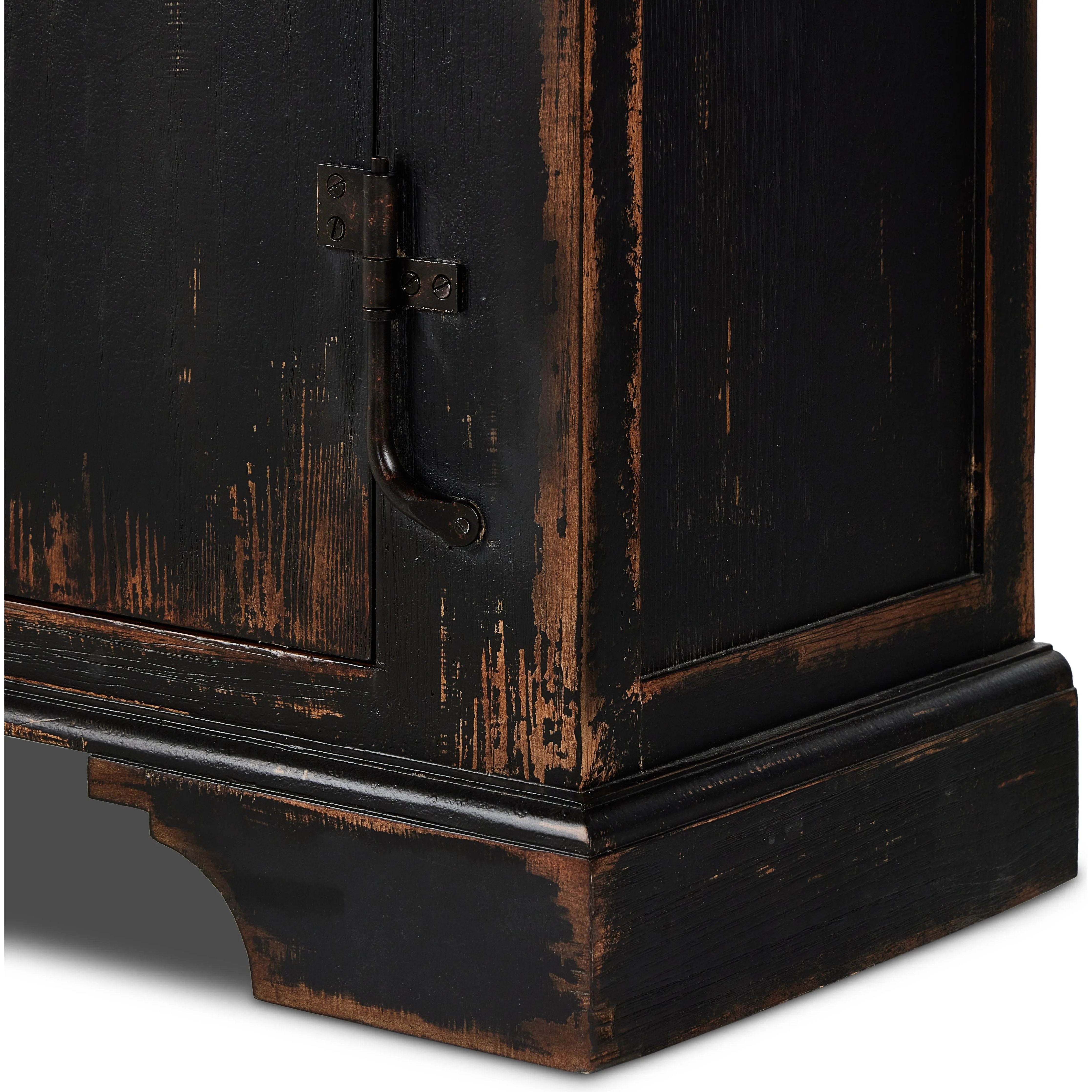 Featuring The Black Humptulips River Moonshine Cabinet by Four Hands at Amethyst Home. By the makers at Van Thiel, known for their antique-inspired pieces and hand-applied finishes. This wide but slim solid pine cabinet features door fronts with diamond cutout details and wire mesh inserts. Detailed with antique-inspired hardware and hinges. Metal-clad top. Amethyst Home provides interior design, new home construction design consulting, vintage area rugs, and lighting in the Scottsdale metro area.