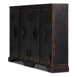 Featuring The Black Humptulips River Moonshine Cabinet by Four Hands at Amethyst Home. By the makers at Van Thiel, known for their antique-inspired pieces and hand-applied finishes. This wide but slim solid pine cabinet features door fronts with diamond cutout details and wire mesh inserts. Detailed with antique-inspired hardware and hinges. Metal-clad top. Amethyst Home provides interior design, new home construction design consulting, vintage area rugs, and lighting in the Washington metro area.