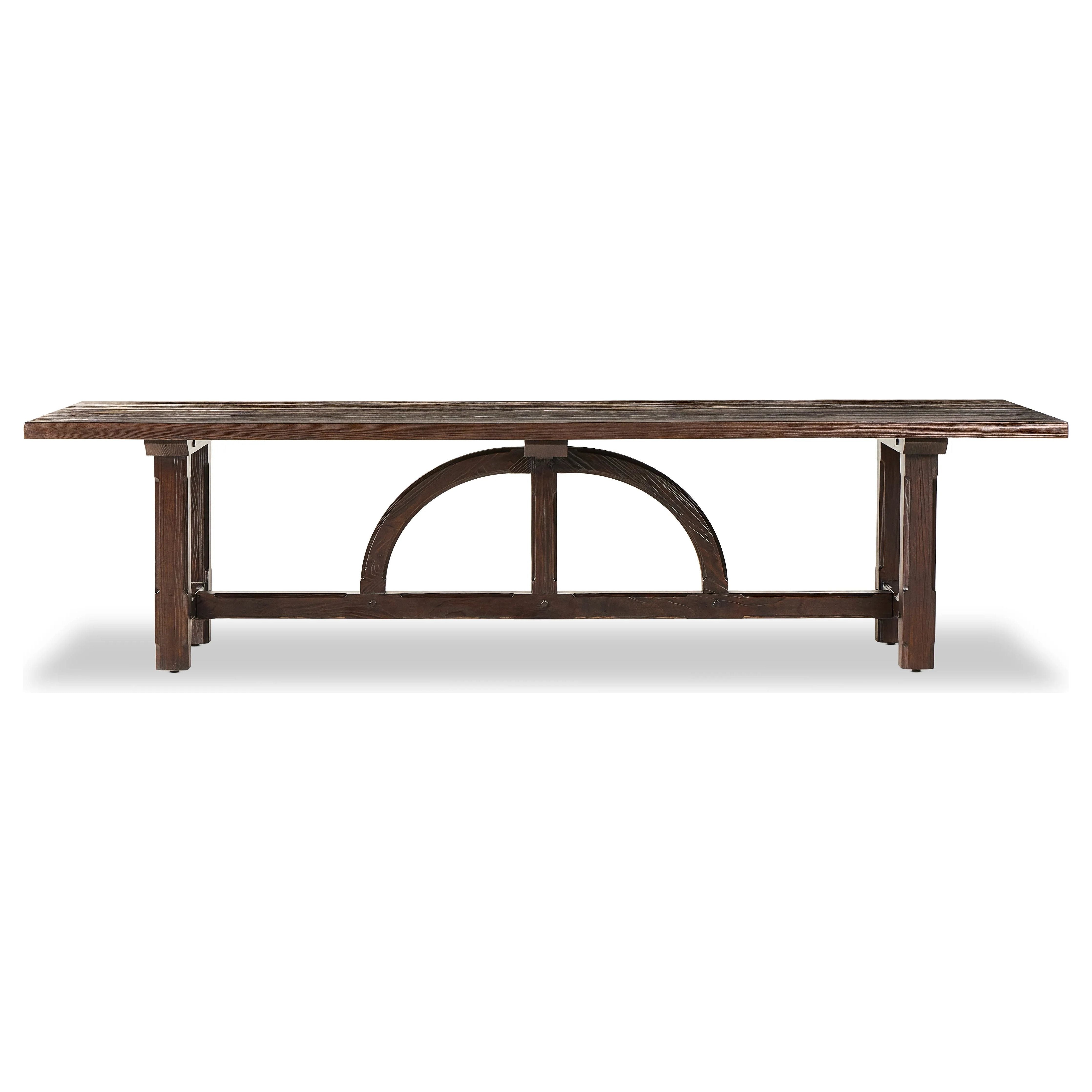 Featuring Arch Dining Table by Four Hands at Amethyst Home. Dark brown-finished pine shapes a beautifully arched harvest table. Seats 12. Beautiful pine with a timeless and durable aesthetic.Overall Dimensions: 44"W x 120"L x 30"HClearance from Floor: 4.75"Distance Between Legs (Front to Back): 18.25"Distance Between Legs (Side to Side): 84.50"Overhang:. Amethyst Home provides interior design, new home construction design consulting, vintage area rugs, and lighting in the Winter Garden metro area.
