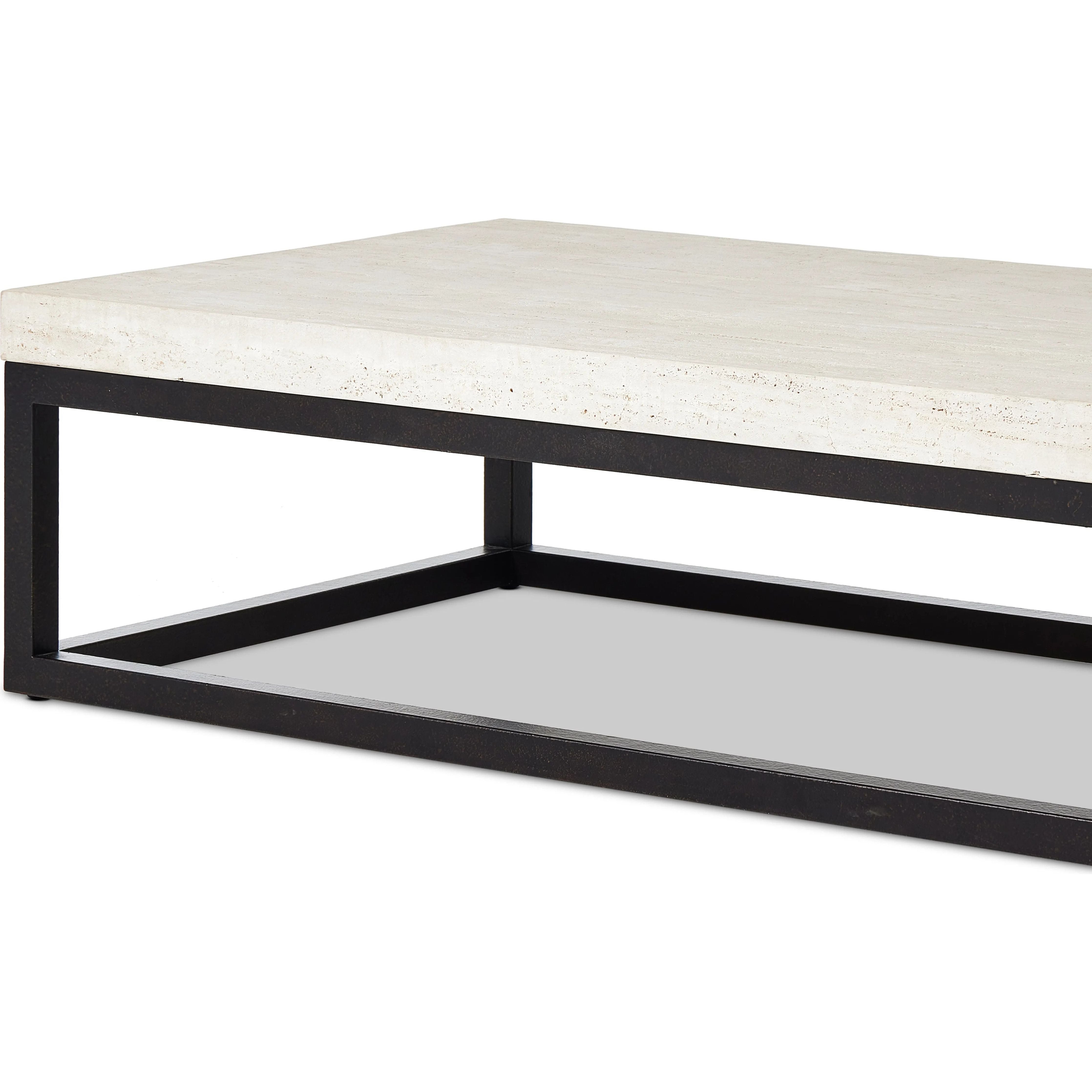 Featuring The Travertine Rectangular Coffee Table by Four Hands at Amethyst Home. Airy while substantial, for an intriguing balance of scale. Bronzed iron forms an open, angular frame for a rectangular tabletop of solid white travertine. By the makers at Van Thiel, known for their antique-inspired pieces and hand-applied finishes.Overall Dimensions: 33". Amethyst Home provides interior design, new home construction design consulting, vintage area rugs, and lighting in the Winter Garden metro area.