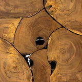 Featuring Tomlin Outdoor End Table by Four Hands at Amethyst Home. A unique layering piece - indoors or out. Made from laminated teak root with miter joinery, a simply shaped end table offers organic vibes and plenty of natural movement. Tables will vary from piece to piece, reflective of natural materials. Joint expansion may grow visible over time. Cover or store indoors dur. Amethyst Home provides interior design, new construction, custom furniture and area rugs in the Salt Lake City metro area