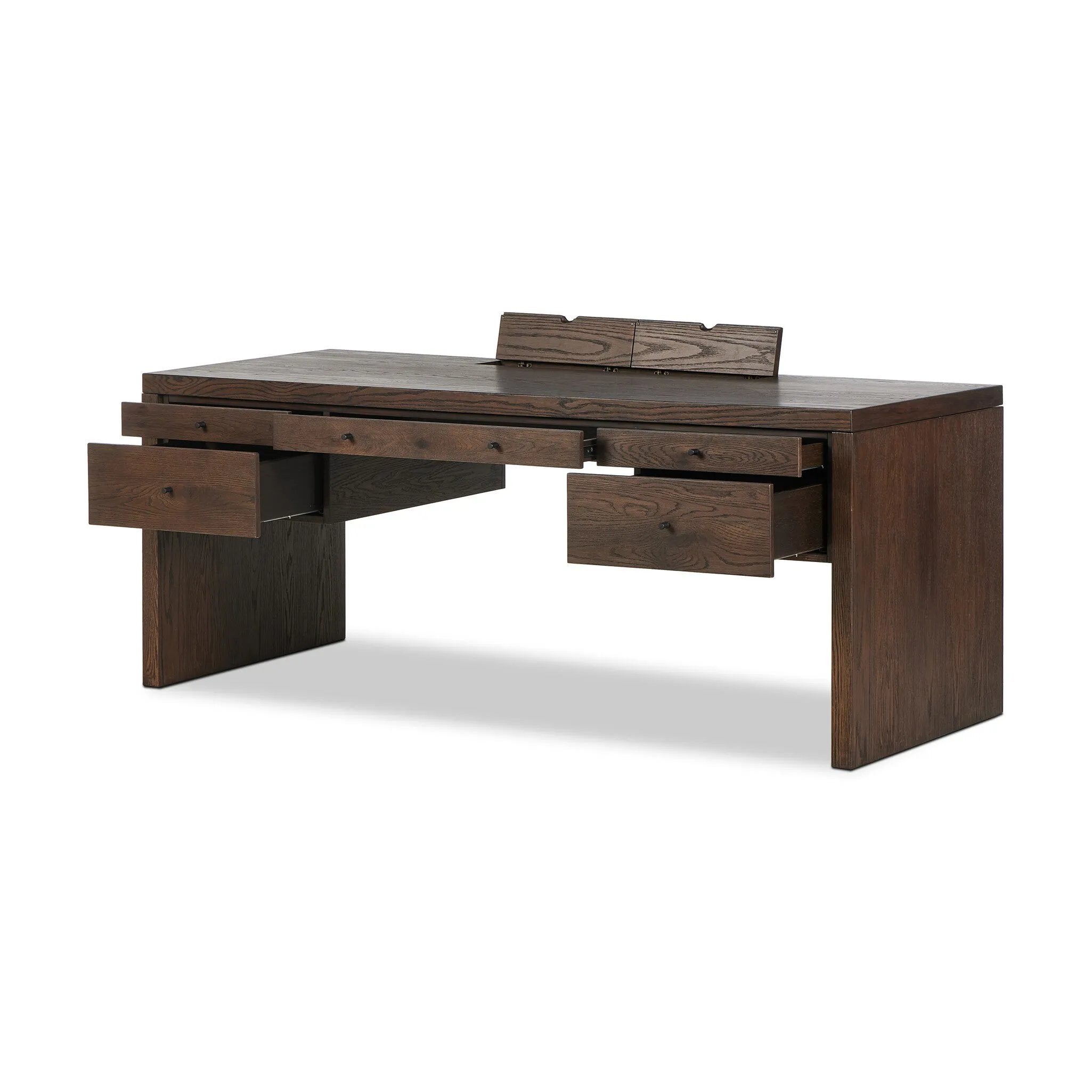 Featuring Torrington Wireless Charging Executive Desk by Four Hands at Amethyst Home. An executive-sized desk of rich brown oak offers generous surface and storage space, while a flip top keeps cords out of sight. Invisible wireless charging for Android and Apple products.
Overall Dimensions: 32.0" L x 78.0 " W x 31.0" H
Collection: HamiltonColors: Umber OakMat. Amethyst Home provides interior design, new home construction design consulting, vintage area rugs, and lighting in the Omaha metro area.