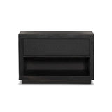 Featuring Warby Worn Black Oak Nightstand by Four Hands at Amethyst Home. Solid acacia shapes a streamlined box-style nightstand, with lap joint corners for a detail-driven touch. Finished with smooth, push-latch drawer glides.Collection: BennettColors: Worn Black Oak ,Worn Black VeneerMaterials: Solid Oak ,Thick Oak Veneer Weight: 94.8 lbs. Amethyst Home provides interior design, new home construction design consulting, vintage area rugs, and lighting in the Charlotte metro area.