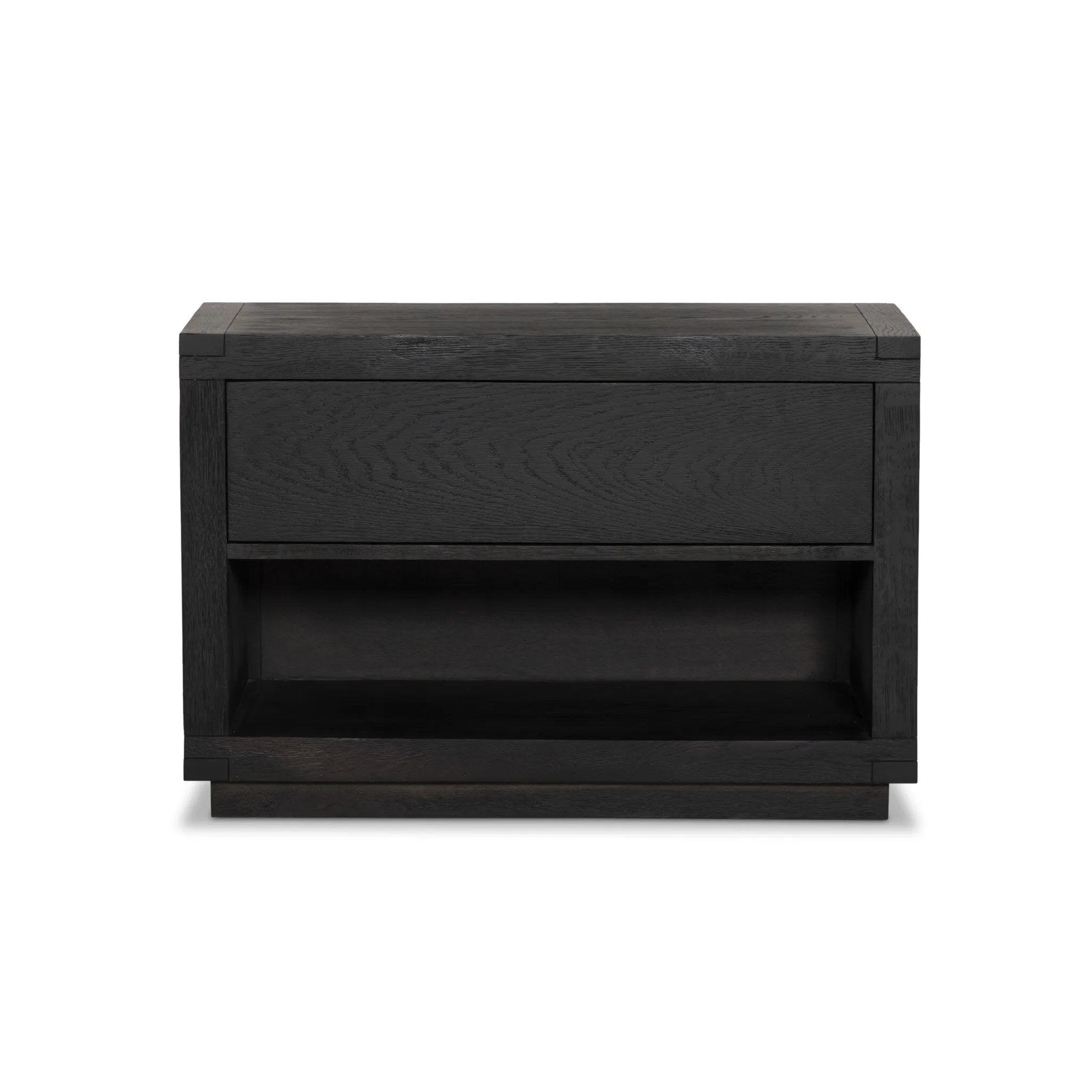 Featuring Warby Worn Black Oak Nightstand by Four Hands at Amethyst Home. Solid acacia shapes a streamlined box-style nightstand, with lap joint corners for a detail-driven touch. Finished with smooth, push-latch drawer glides.Collection: BennettColors: Worn Black Oak ,Worn Black VeneerMaterials: Solid Oak ,Thick Oak Veneer Weight: 94.8 lbs. Amethyst Home provides interior design, new home construction design consulting, vintage area rugs, and lighting in the Charlotte metro area.
